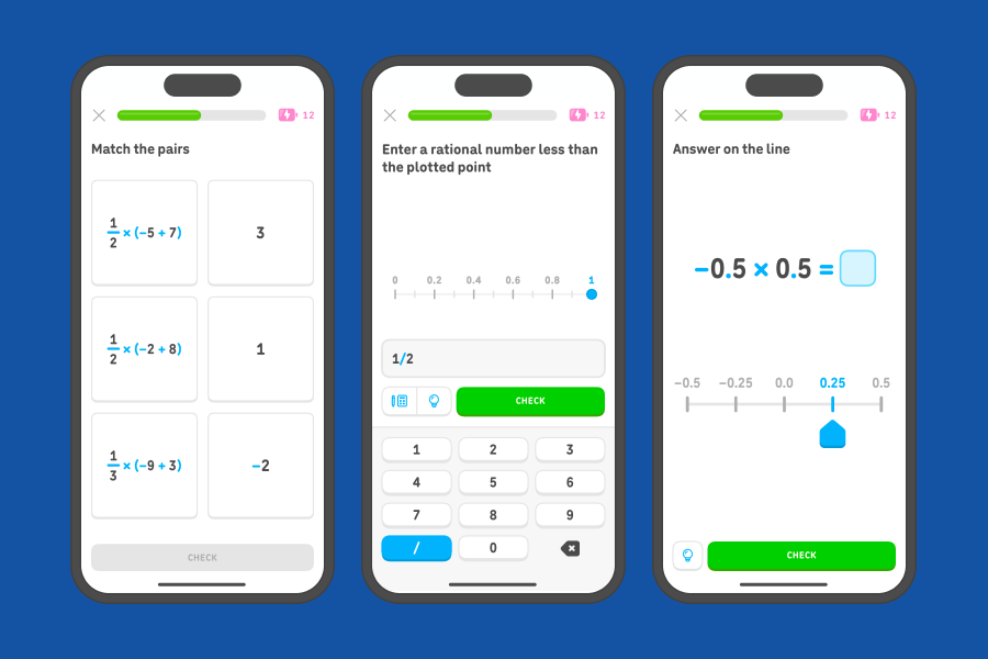 Three app screenshots side-by-side showing exercises from the 7th grade negative number units.