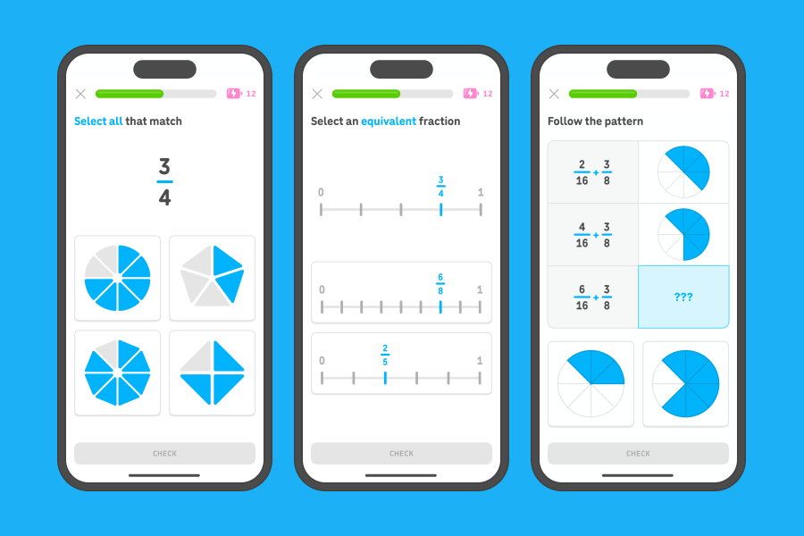 Three app screenshots side-by-side showing exercises from the “Compare equivalent fractions” and “Simplify fractions” units.