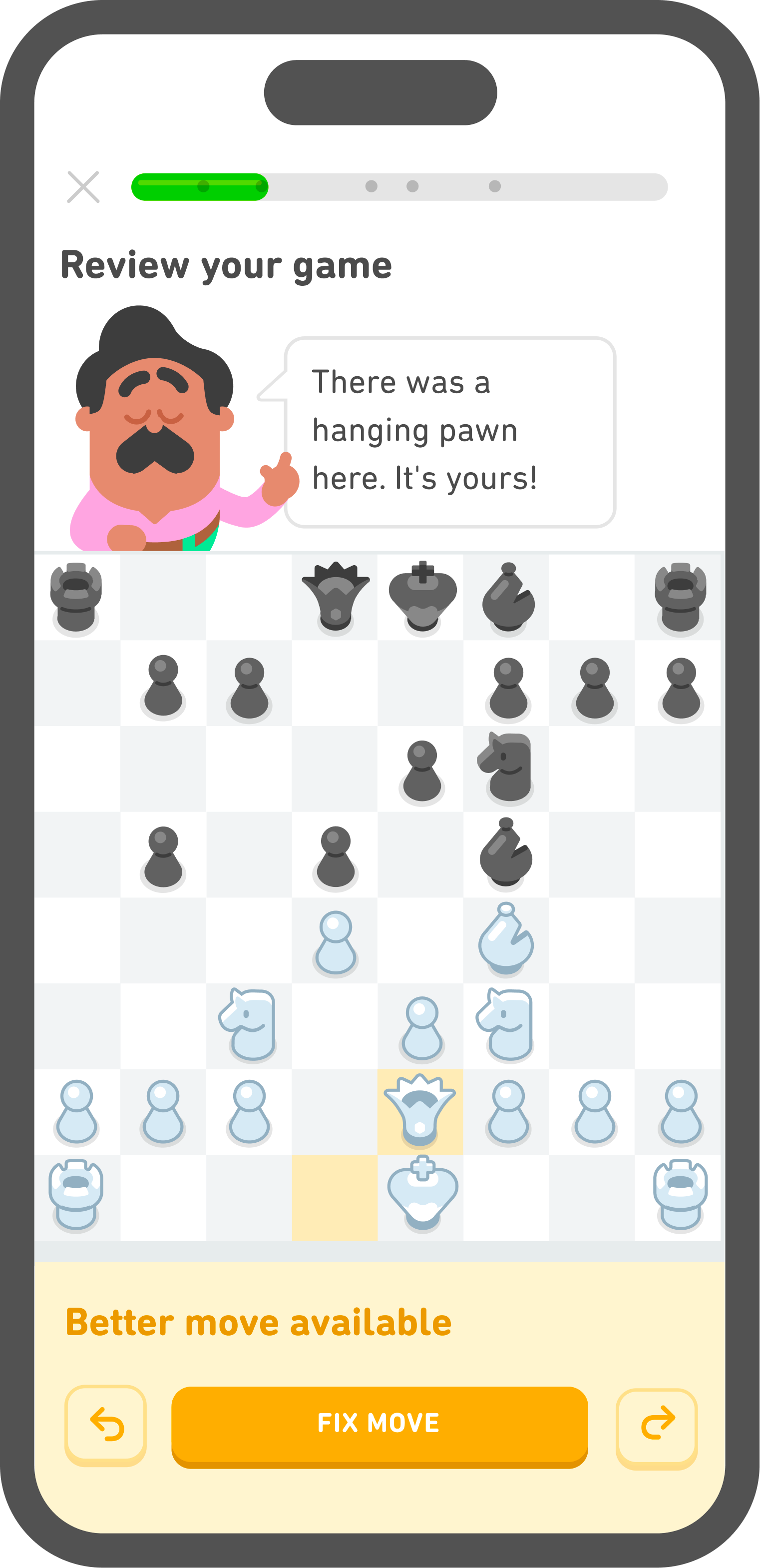 Screenshot of the Duolingo Chess Game Review, illustrating a move from a previous game. Oscar has a serious expression and his eyes closed, saying “There was a hanging pawn here. It’s yours!”