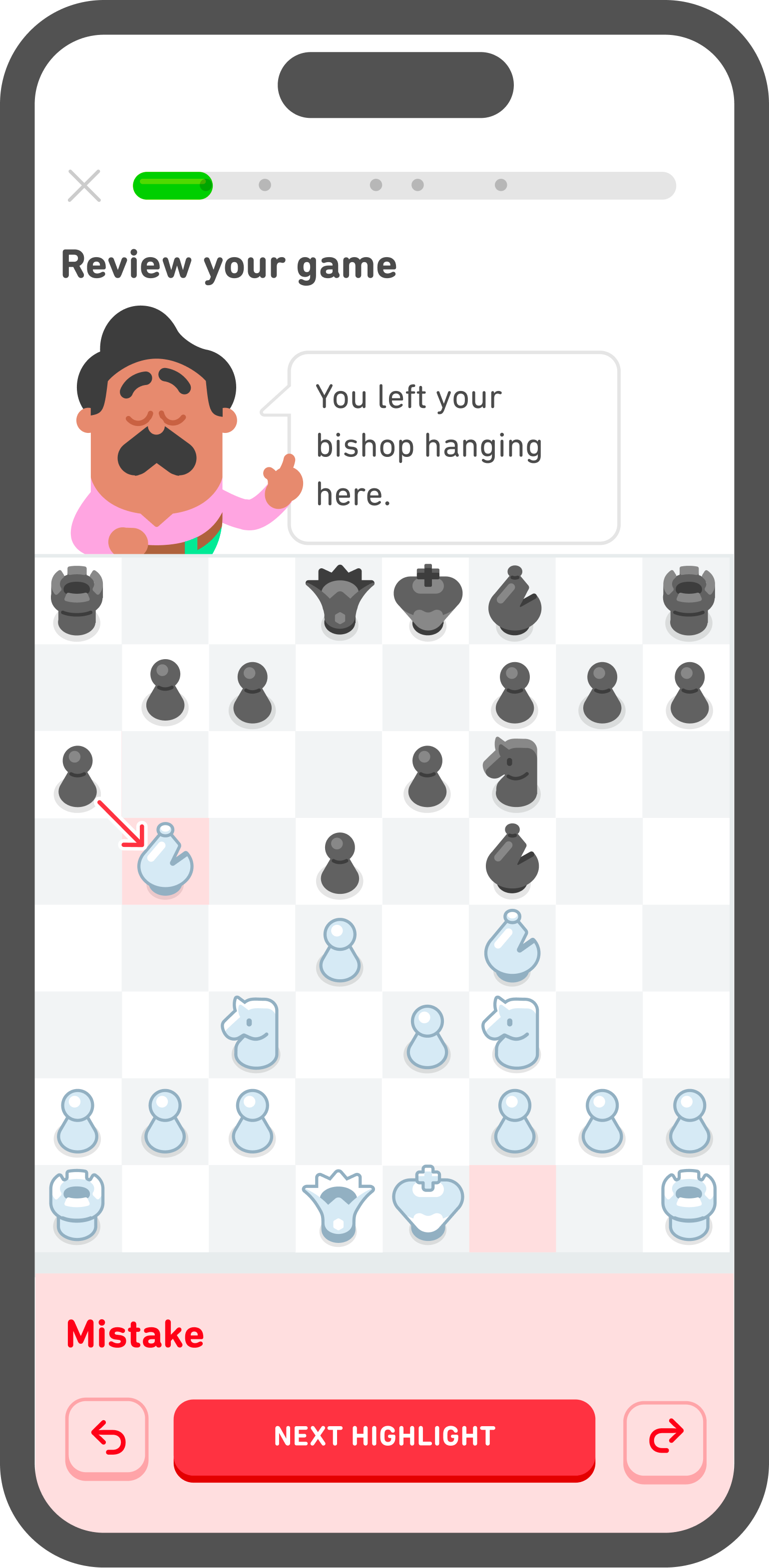 Screenshot of the Duolingo Chess Game Review, illustrating a move from a previous game. Oscar has a serious expression and his eyes closed, saying “You left your bishop hanging here.”