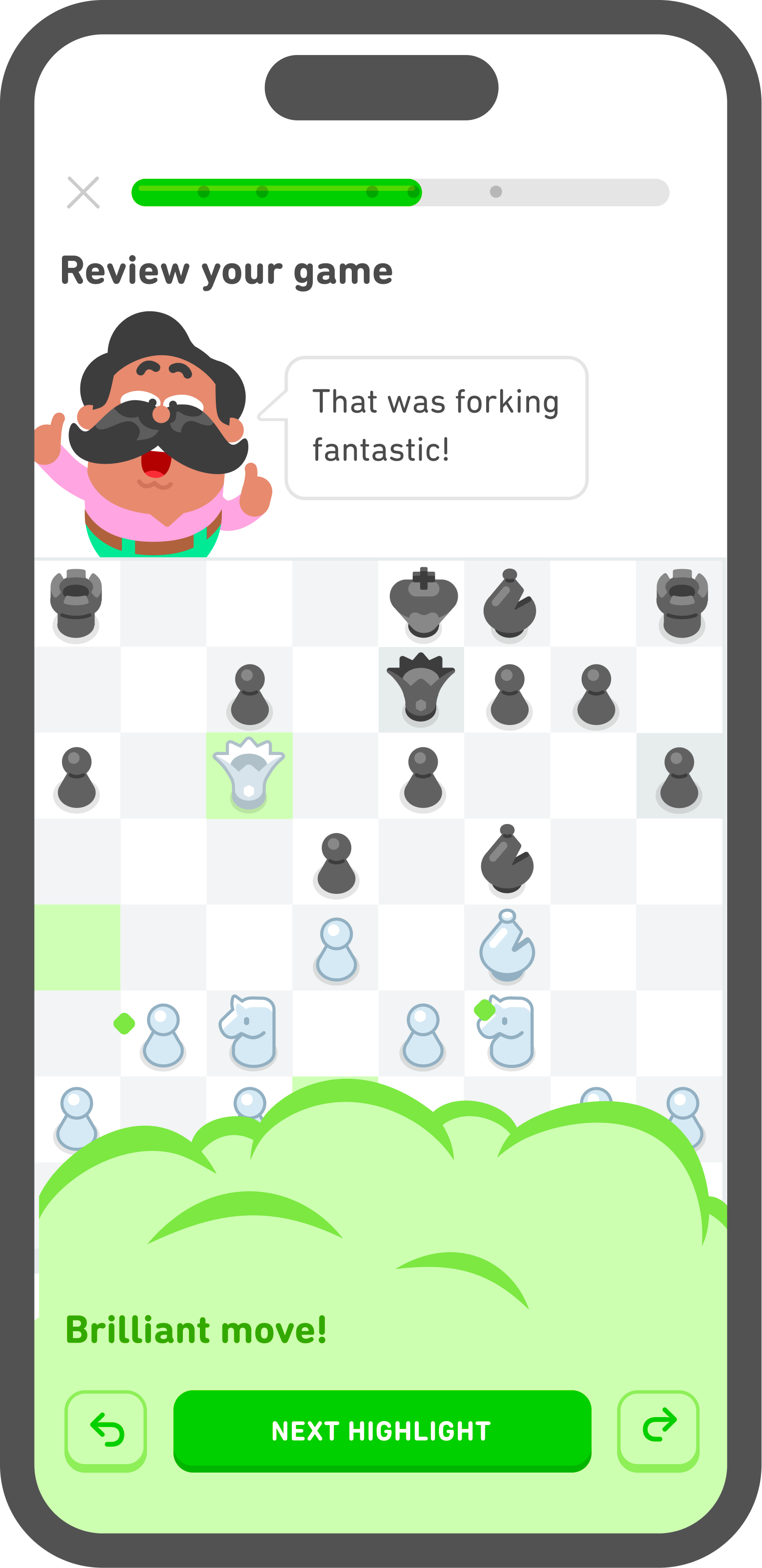 Screenshot of the Duolingo Chess Game Review, illustrating a move from a previous game. Oscar is smiling and giving two thumbs up, saying “That was forking fantastic!”