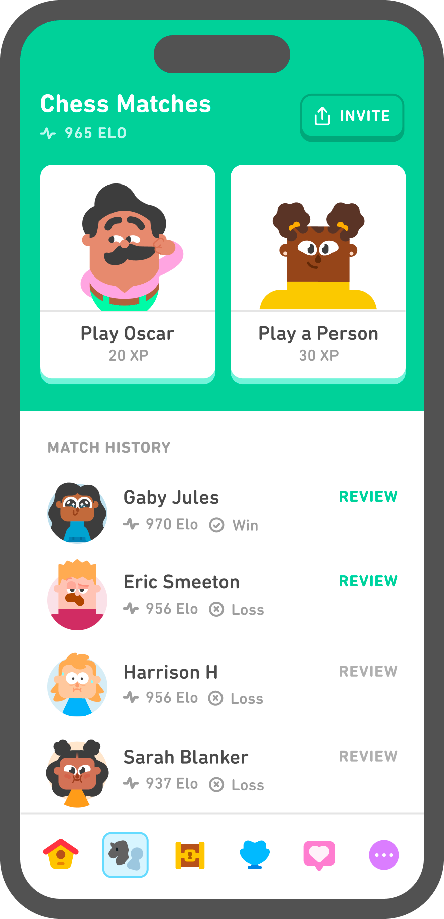 Screenshot of the Duolingo Chess course, showing the player’s match history. They have the option to start a new game with Oscar, play a person, or review previous matches.