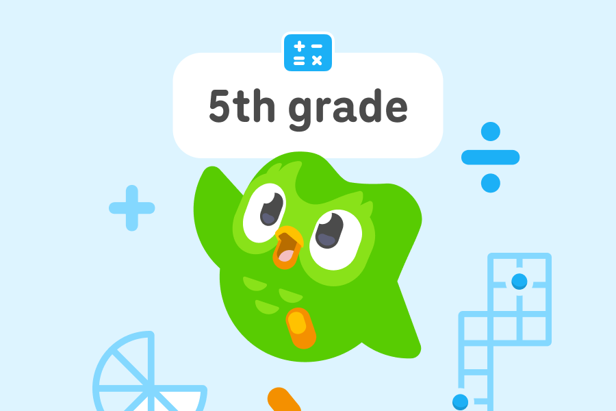 Illustration of Duo the owl jumping in the air with math symbols, a pie chart, and plot points behind him.