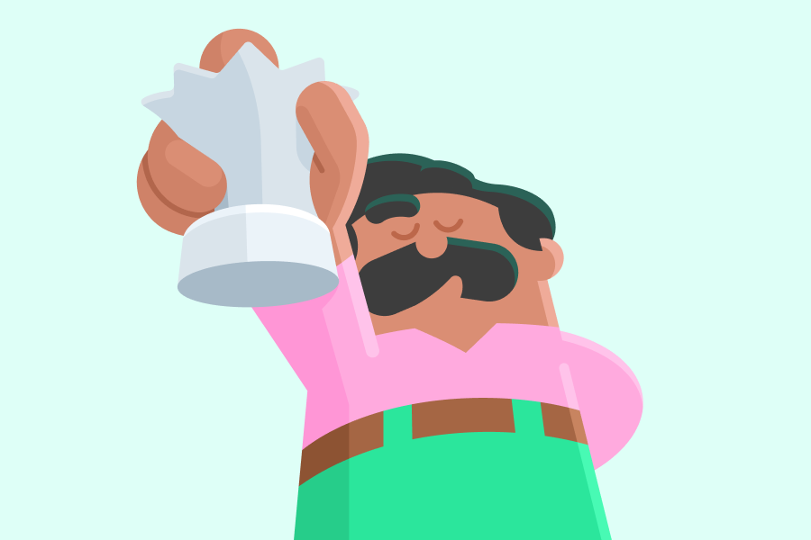 Illustration of Duolingo character Oscar viewed from below. He has a confident expression and is holding a queen chess piece.