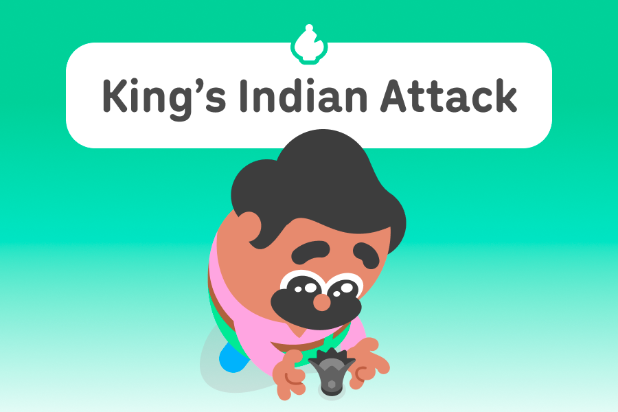 Illustration of Duolingo character Oscar guarding a queen chess piece. The title above is “King’s Indian Attack.”