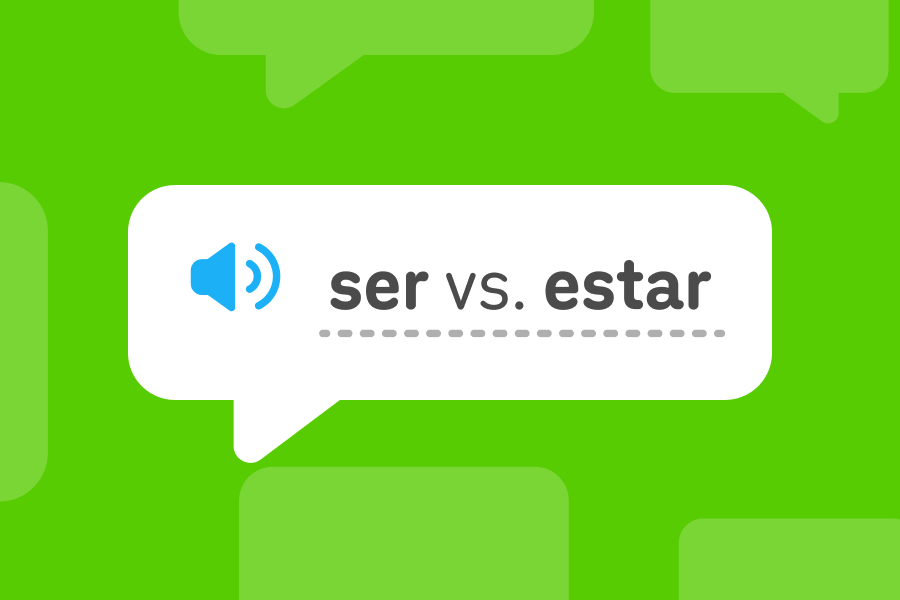 Illustration of a speech bubble with the phrase “ser versus estar” inside it.
