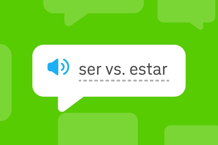 Illustration of a speech bubble with the phrase “ser versus estar” inside it.