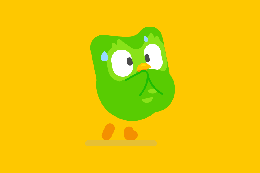 Illustration of Duo the owl looking nervous with his wings covering his beak and beads of sweat dripping down his face.