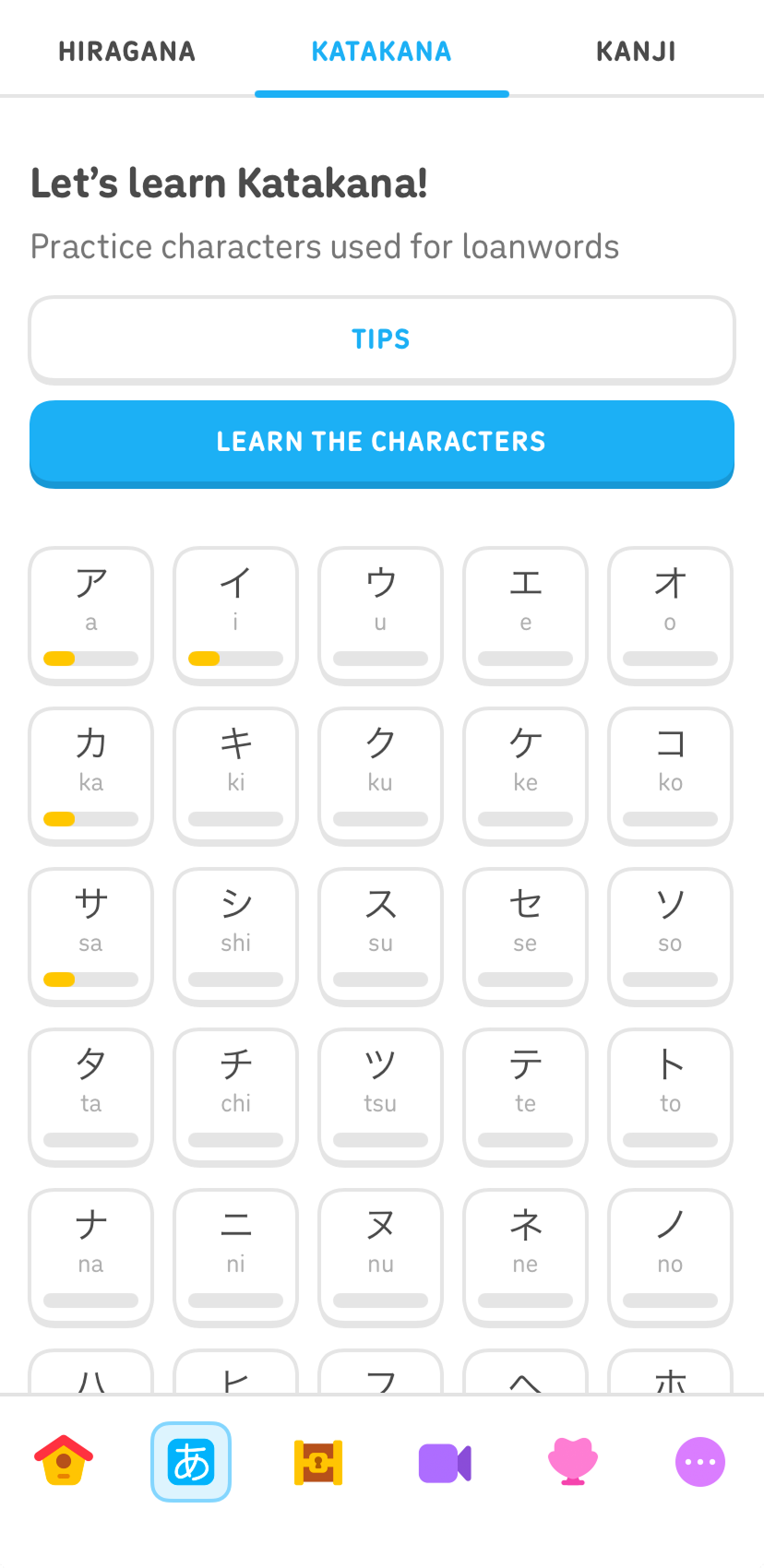 Screenshot of the practice tab. At the top it says “Let's practice Katakana! Practice characters used for loanwords” and below it are buttons for “Tips” and “Learn the characters.” The rest of the screen shows a grid of buttons for the different katakana characters with Roman letters representing the sound they make.