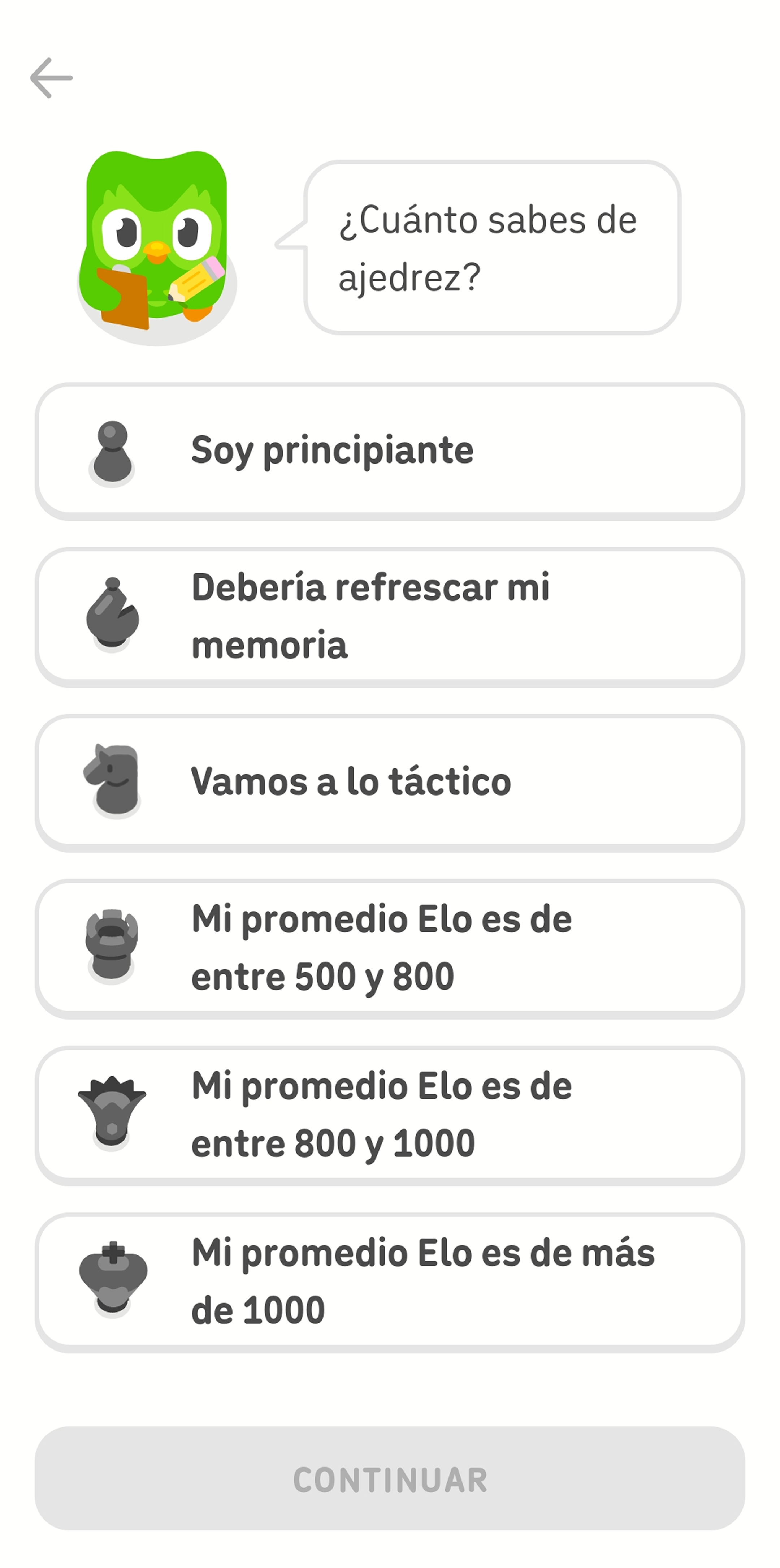 Captura de pantalla de la app de Duolingo luego de seleccionar el curso de ajedrez. Duo, el búho, pregunta “¿Cuánto sabes de ajedrez?” y el usuario tiene cinco opciones que van desde “Soy principiante” a “Mi promedio Elo es de más de 1000”.