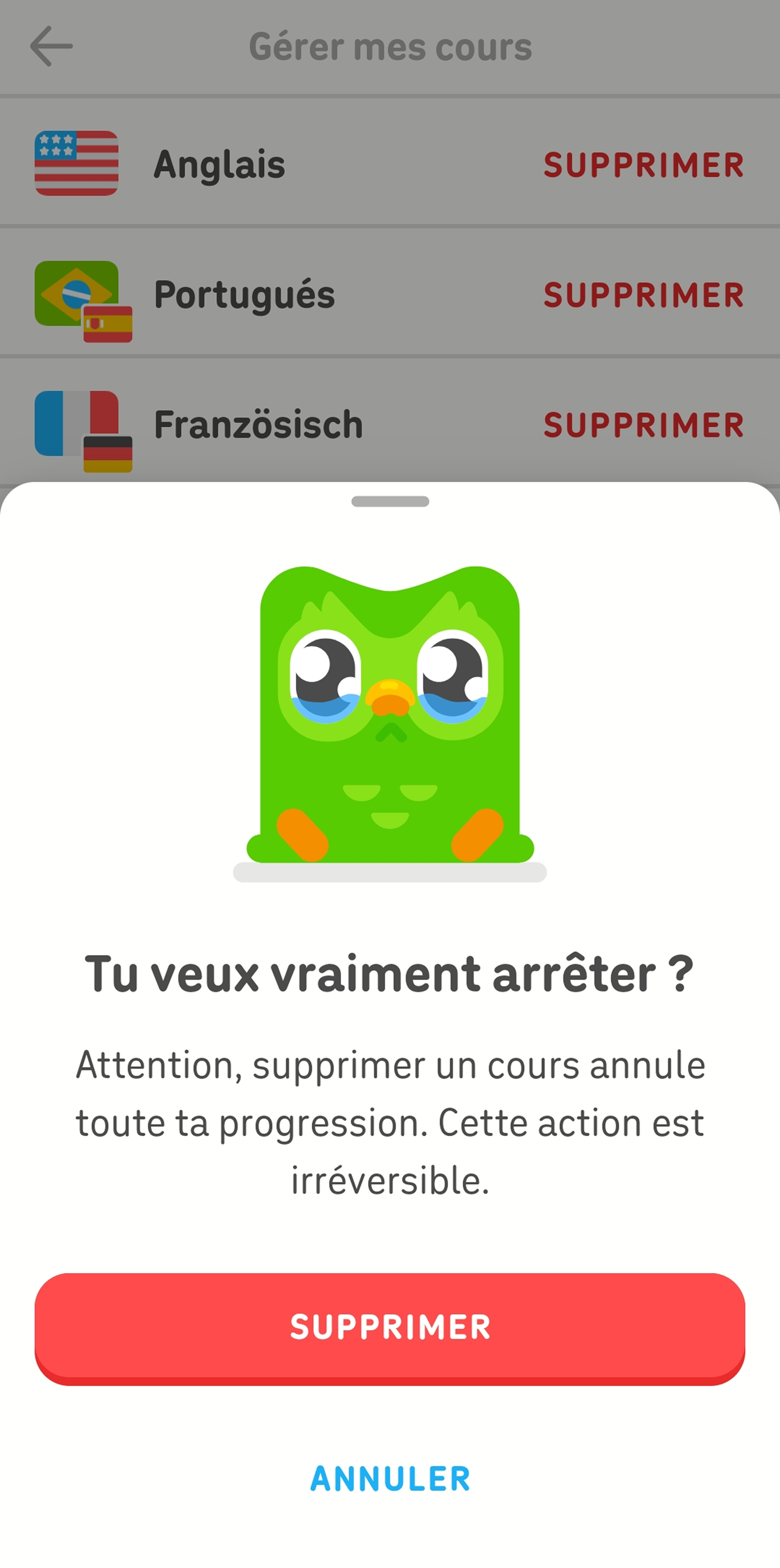 Capture d'écran de la page « Gérer mes cours » dans l'application Duolingo. Un message de confirmation montre Duo avec les larmes aux yeux. En dessous, on peut lire « Attention, supprimer un cours annule toute ta progression. Cette action est irréversible ». L'utilisateur peut ensuite choisir entre « Supprimer » et « Annuler ».