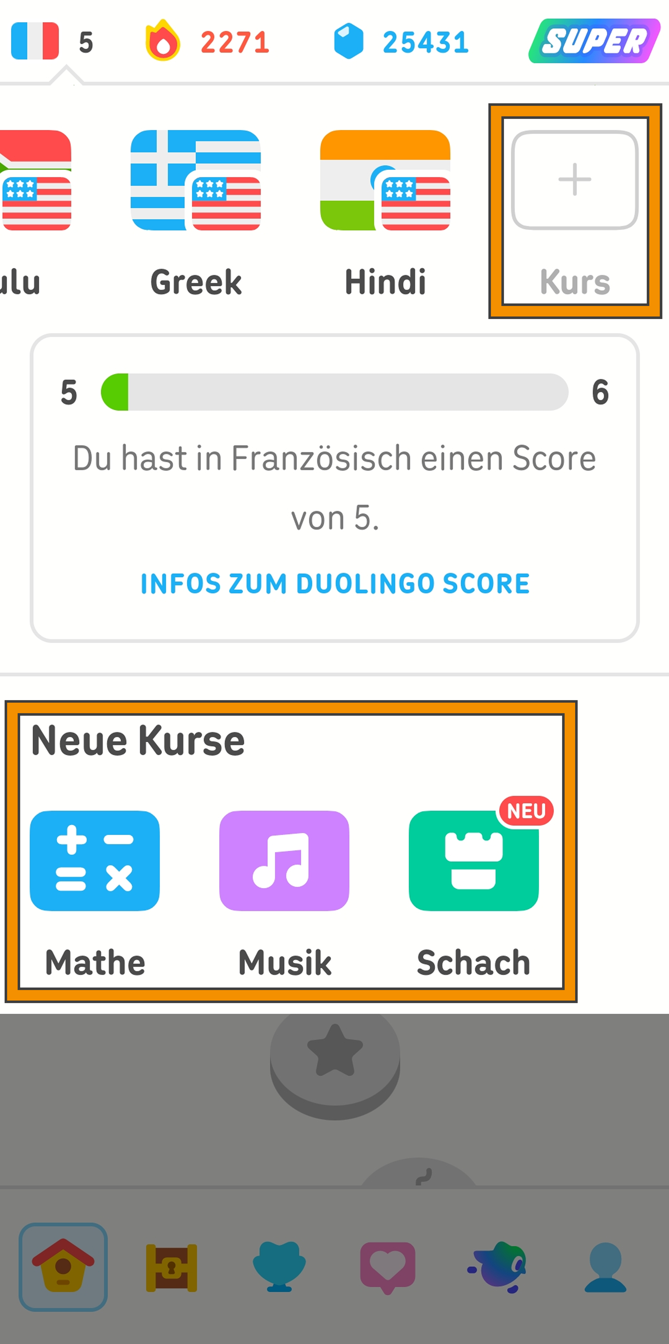 Screenshot des Menüs zum Hinzufügen eines neuen Kurses in der Duolingo-App. Man kann auf ein leeres Rechteck mit der Unterschrift „Kurs“ tippen, um einen neuen Sprachkurs zu starten oder Mathe, Musik oder Schach auszuwählen.