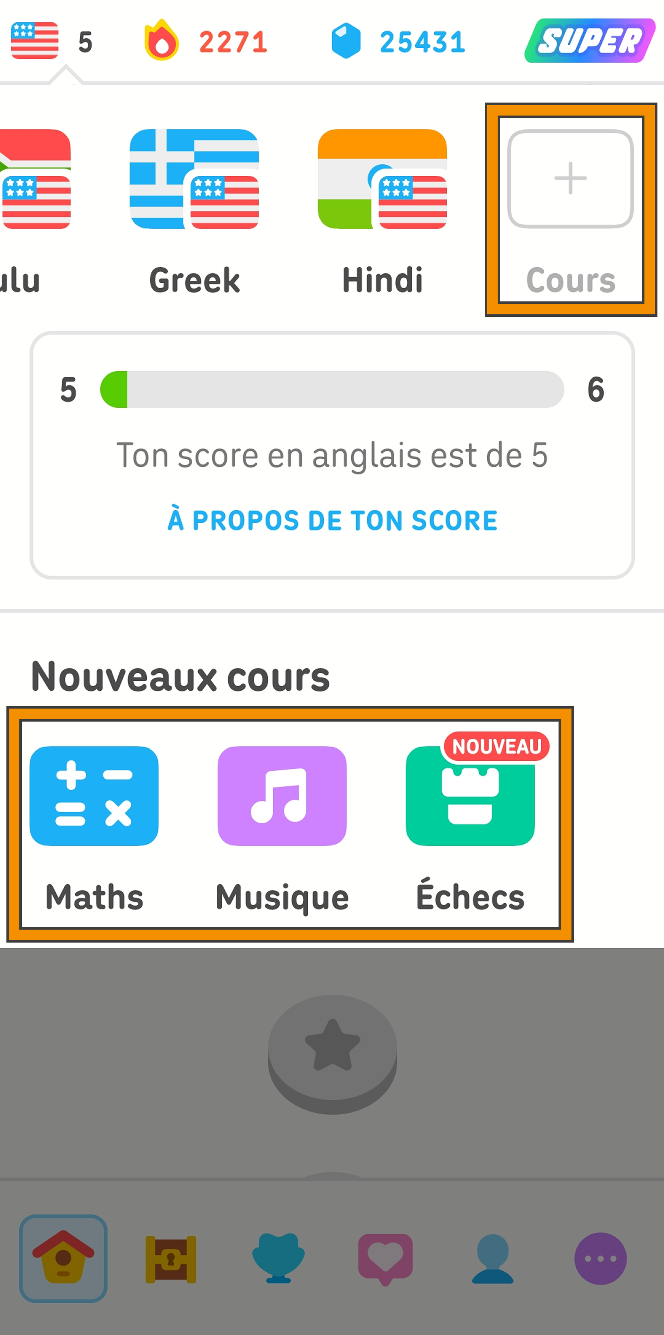 Capture d'écran affichant le menu pour ajouter un nouveau cours sur l'application Duolingo. L'utilisateur a la possibilité de toucher un rectangle vide intitulé « Cours » pour commencer un nouveau cours de langue, ou choisir parmi les maths, la musique ou les échecs.
