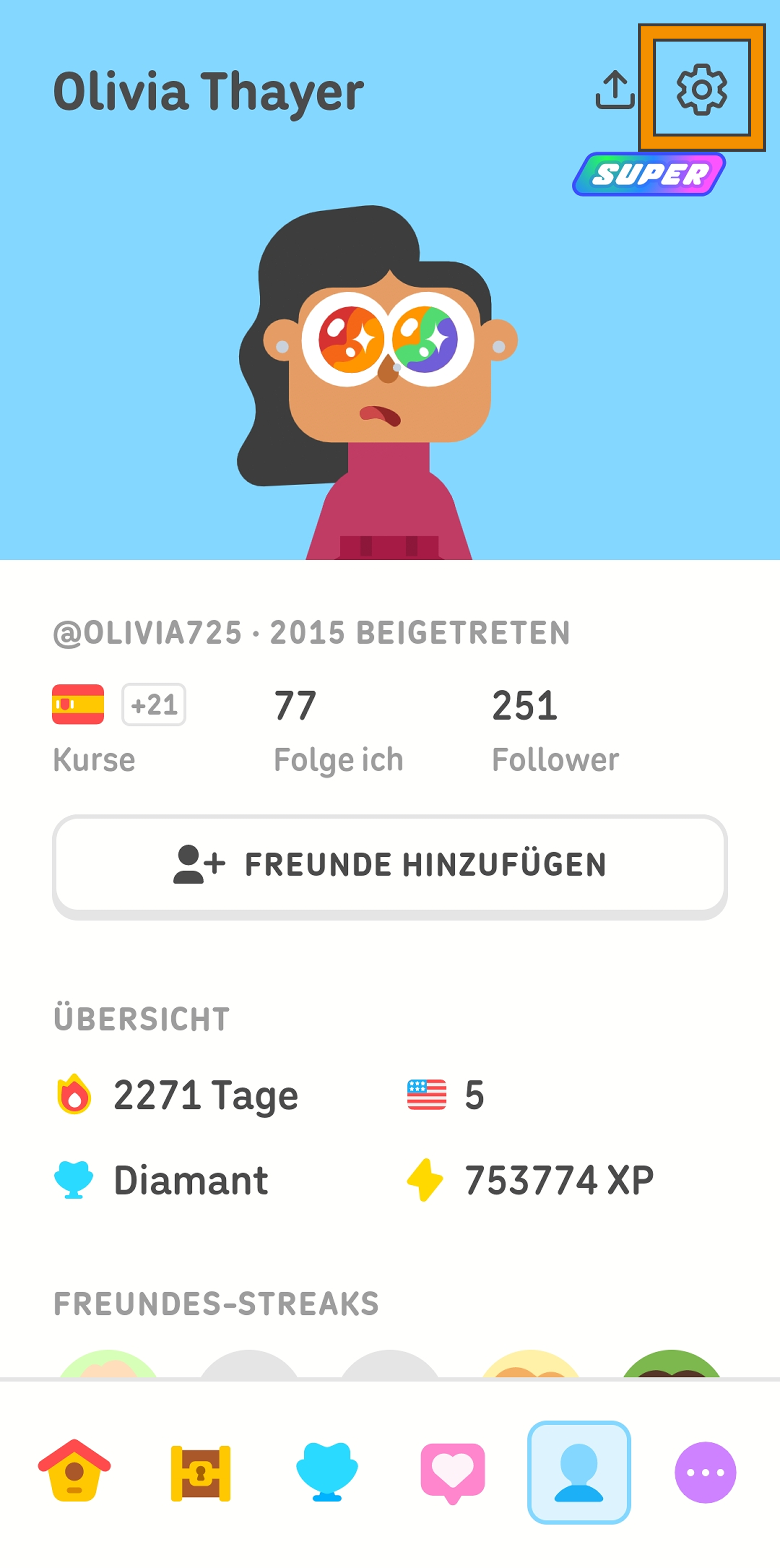 Screenshot des Nutzerprofils auf Duolingo. Ein orangefarbener Kasten hebt oben rechts das Zahlrad-Symbol hervor und zeigt damit die Option zum Öffnen des Einstellungsmenüs an.