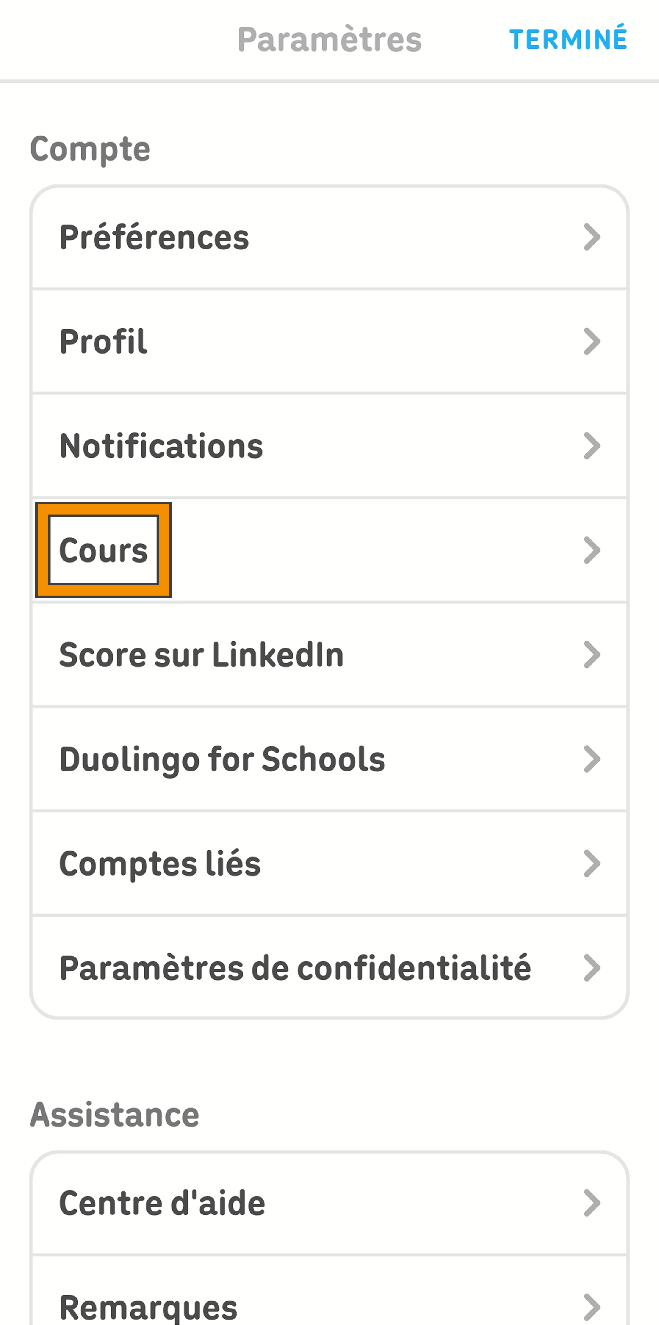 Capture d'écran de la page des paramètres dans l'application Duolingo. Un rectangle orange entoure la catégorie des cours, indiquant l'option permettant à l'utilisateur de gérer ses cours commencés.
