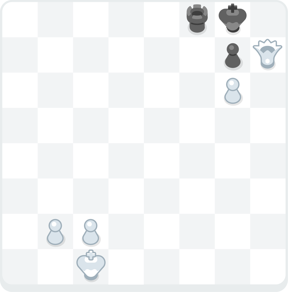 Illustration showing Damiano’s mate, with a White queen on square h7 checkmating a Black king on g8, blocked from escaping checkmate by its own rook on f8, its pawn on g7, and White’s pawn g6, which is also defending White’s queen.