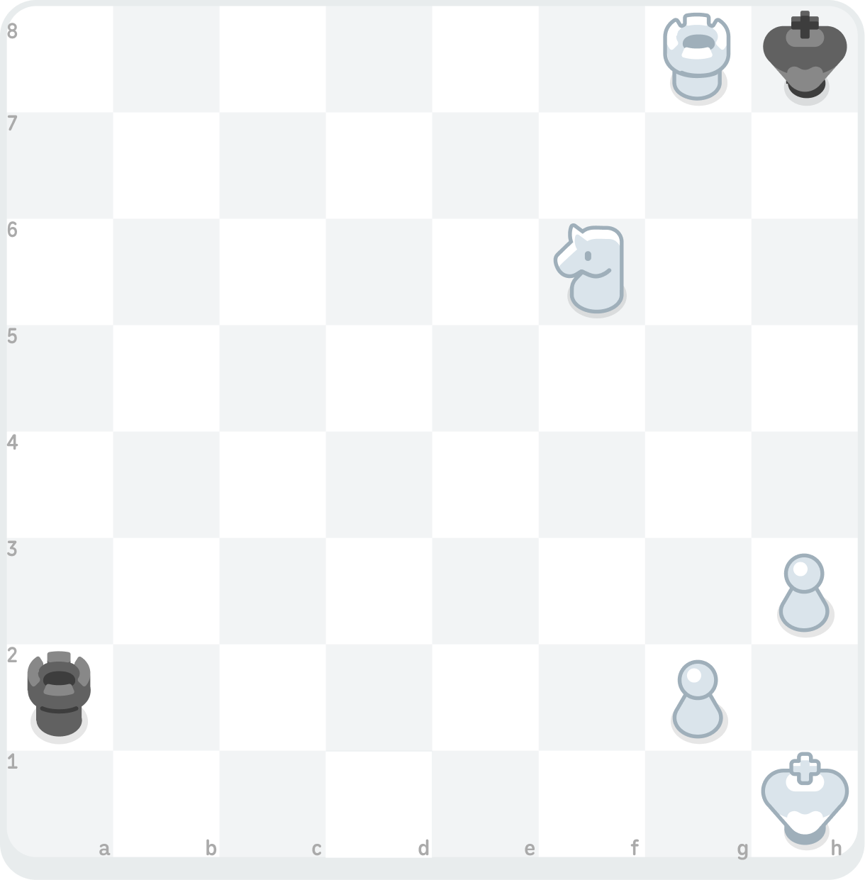 Illustration showing an Arabian mate, with a White rook on square g8 checkmating a Black king on h8, blocked from escaping checkmate by White’s knight on f6.