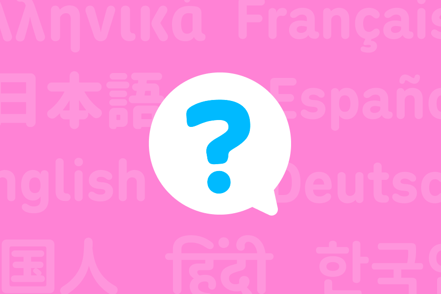Illustration of a question mark inside a speech bubble against a background of names of different languages