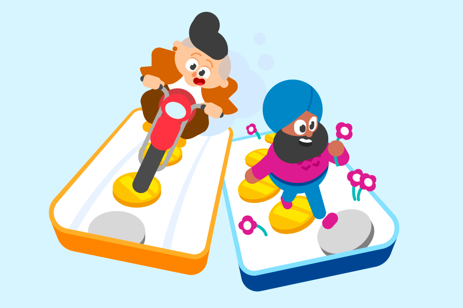 Lin on a motorcycle and Vikram on foot, traversing two Duolingo paths on cell phones.