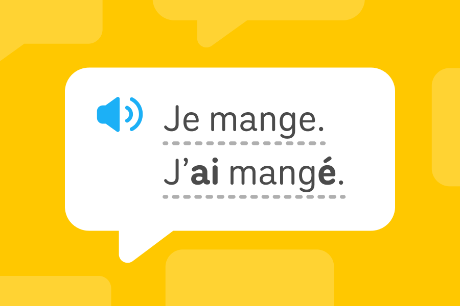 Illustration of a speech bubble with two French sentences: “Je mange” and “J’ai mangé.”