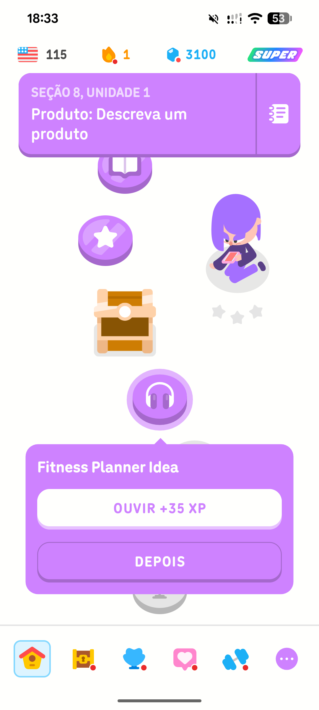 Captura de tela do curso de inglês do Duolingo. A pessoa selecionou um episódio da DuoRádio chamado “Fitness Planner Idea” (Ideia de planner fitness), e as opções apresentadas são “OUVIR +35 XP” e “DEPOIS”.