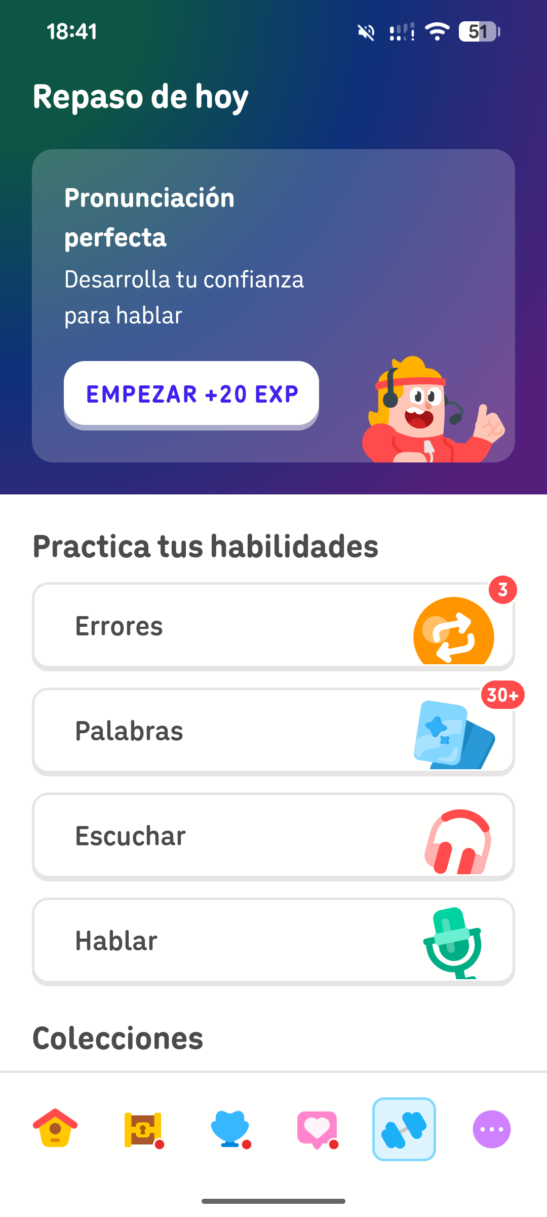 Captura de pantalla de la pestaña de práctica. Las lecciones se dividen en dos secciones: “Practica tus habilidades” y “Colecciones”. “Practica tus habilidades” incluye “Errores”, “Palabras”, “Escuchar” y “Hablar”.