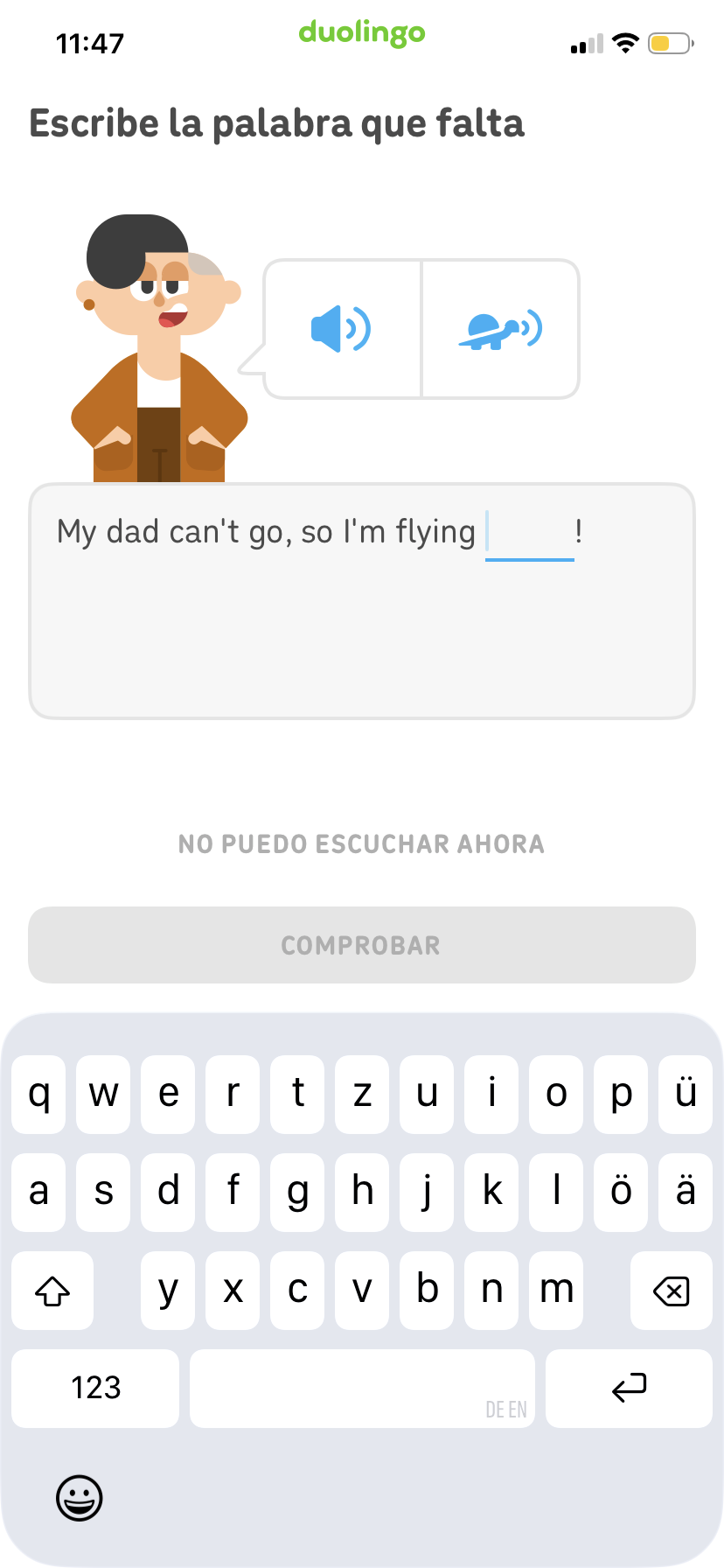 Captura de pantalla de una lección de Duolingo con las instrucciones “Escribe la palabra que falta”. El personaje de Duolingo Lin aparece junto a un ícono de altavoz y uno de una tortuga, para reproducir el audio en velocidad normal o más lenta. Debajo, aparece una oración en inglés a la que le falta una palabra.