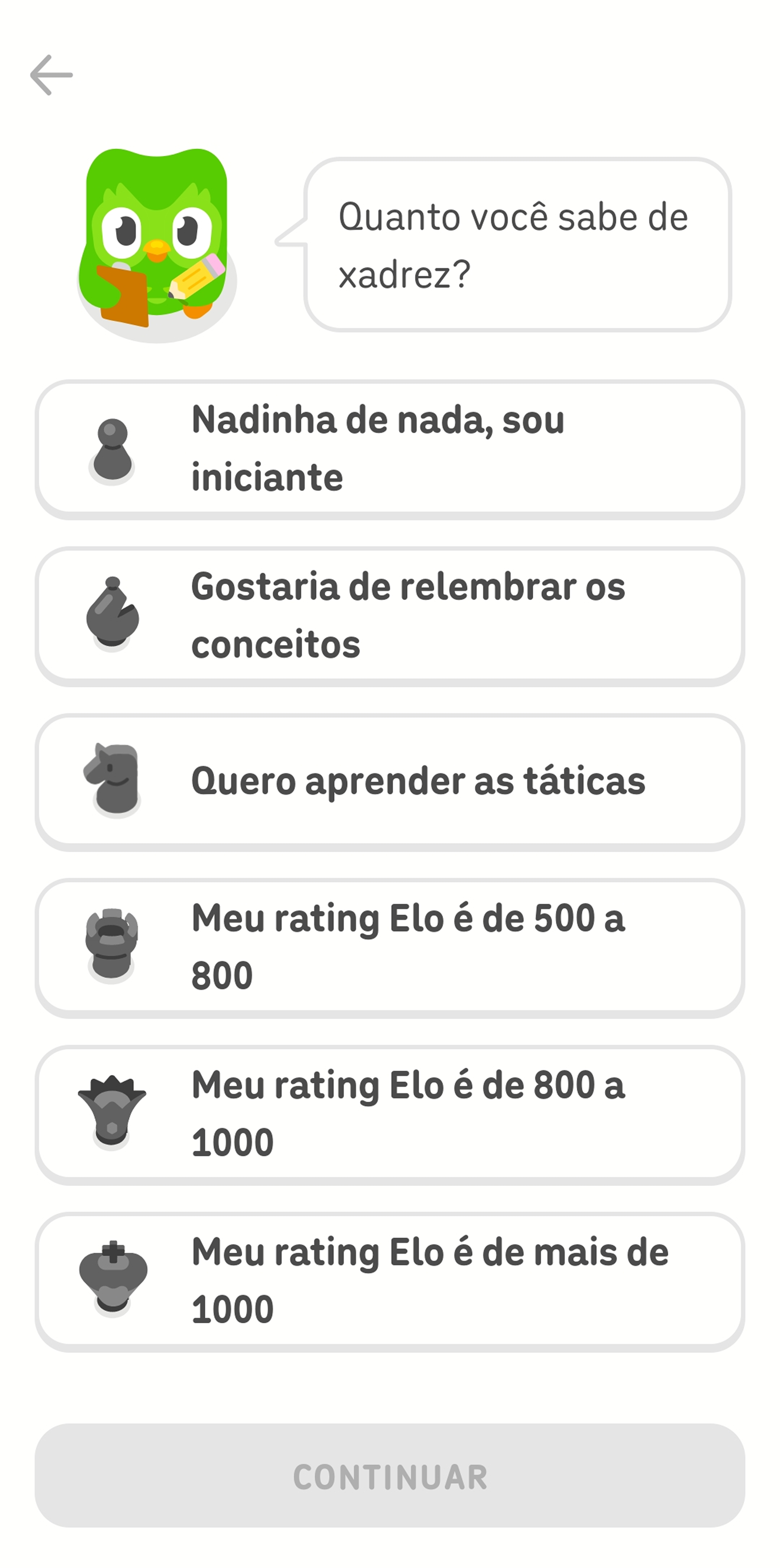 Captura de tela do aplicativo do Duolingo após a seleção do curso de xadrez. Duo, a coruja, pergunta: “Quanto você sabe de xadrez?”. Abaixo há seis opções, que variam de “Nadinha de nada, sou iniciante” a “Meu rating Elo é de mais de 1000”.