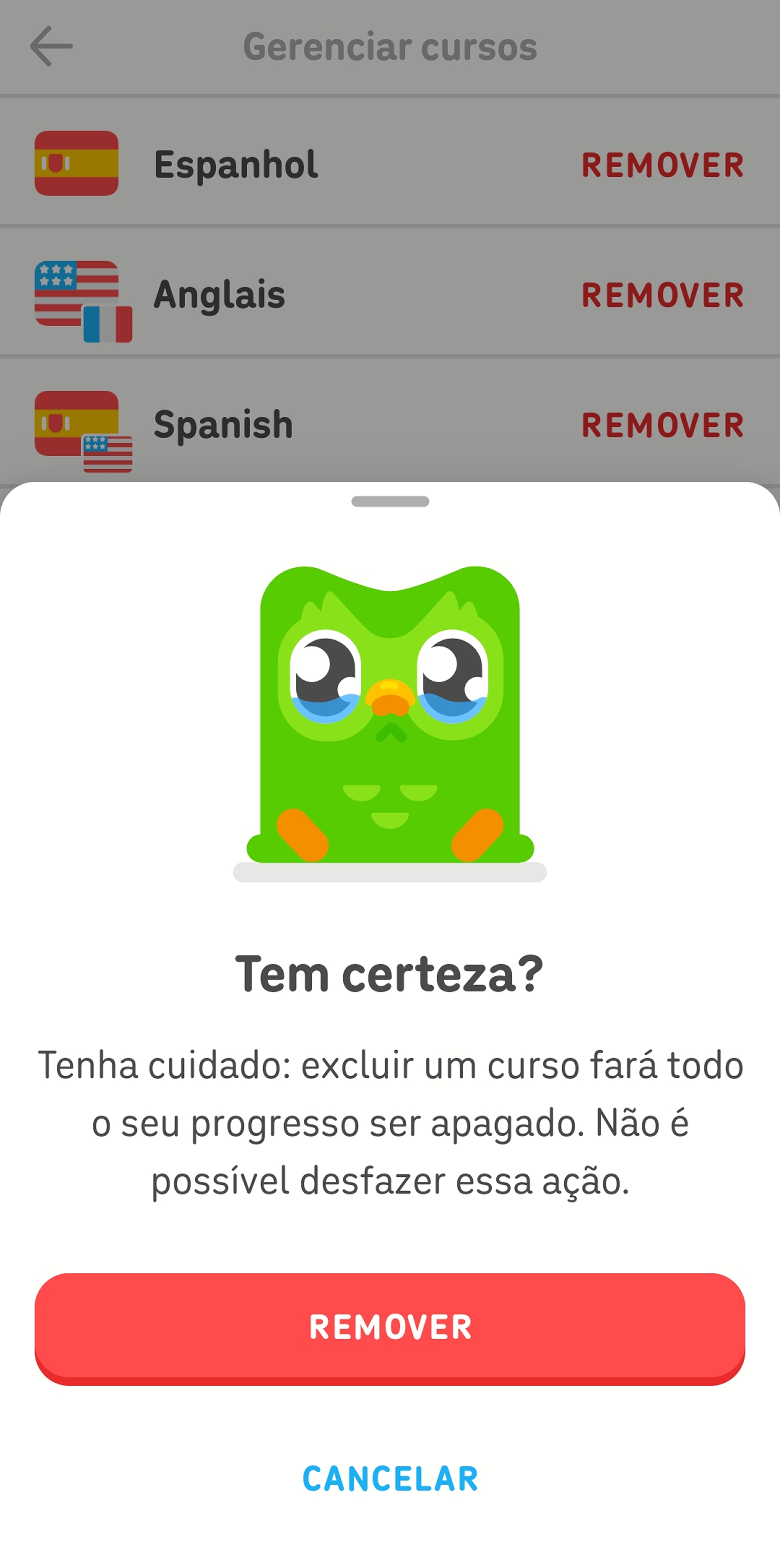 Captura da tela “Gerenciar cursos” no aplicativo do Duolingo. Uma pop-up de confirmação exibe uma imagem do Duo com lágrimas nos olhos. O texto abaixo dela diz: “Tenha cuidado: excluir um curso fará todo o seu progresso ser apagado. Não é possível desfazer essa ação.” Na parte inferior, se veem as opções “Remover” e “Cancelar”.