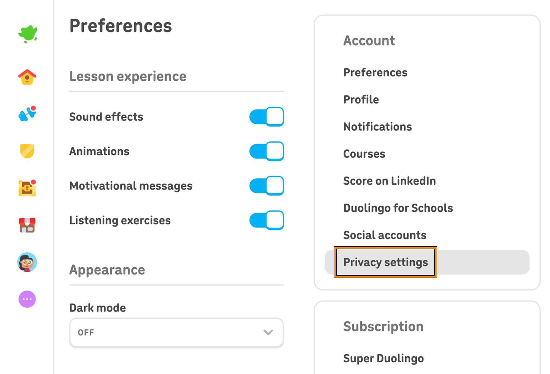 A screenshot of the Duolingo website on web with highlighting showing how to navigate to Privacy settings