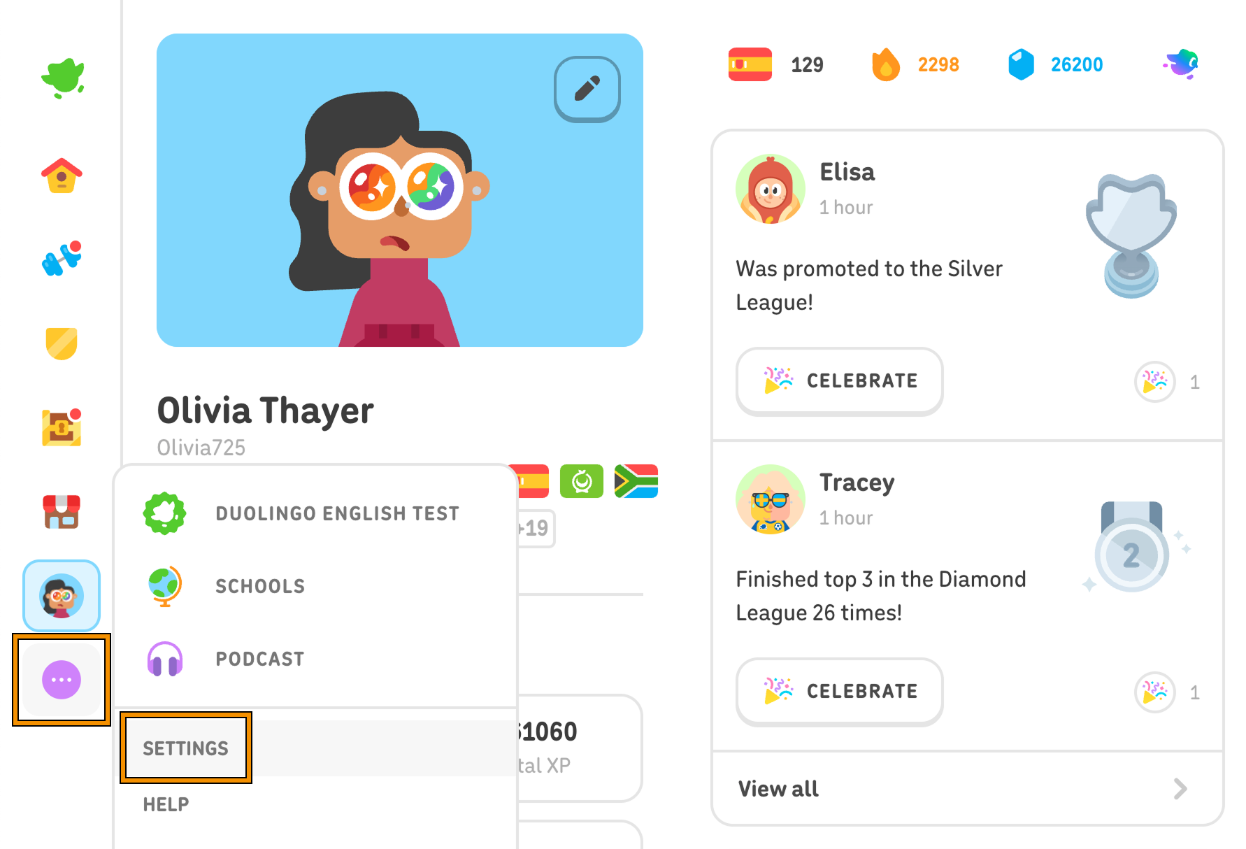 A screenshot of the Duolingo website on web with highlighting showing how to navigate to Settings