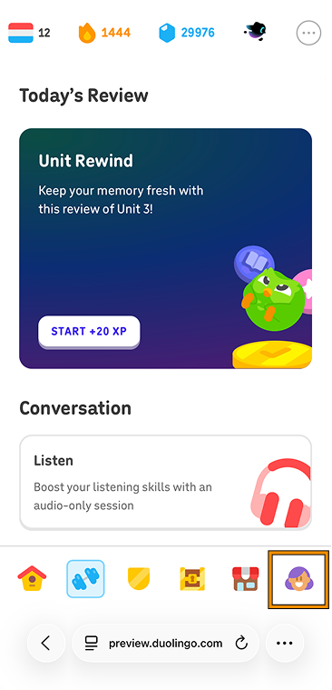 A screenshot of the Duolingo website on mobile with highlighting showing how to navigate to one’s profile