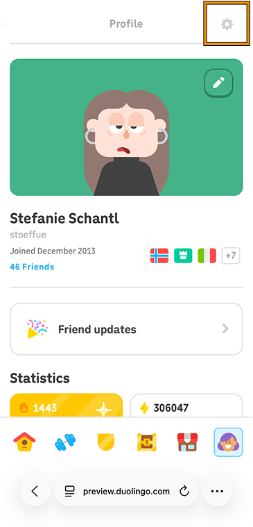 A screenshot of the Duolingo website on mobile with highlighting showing how to navigate to Preferences