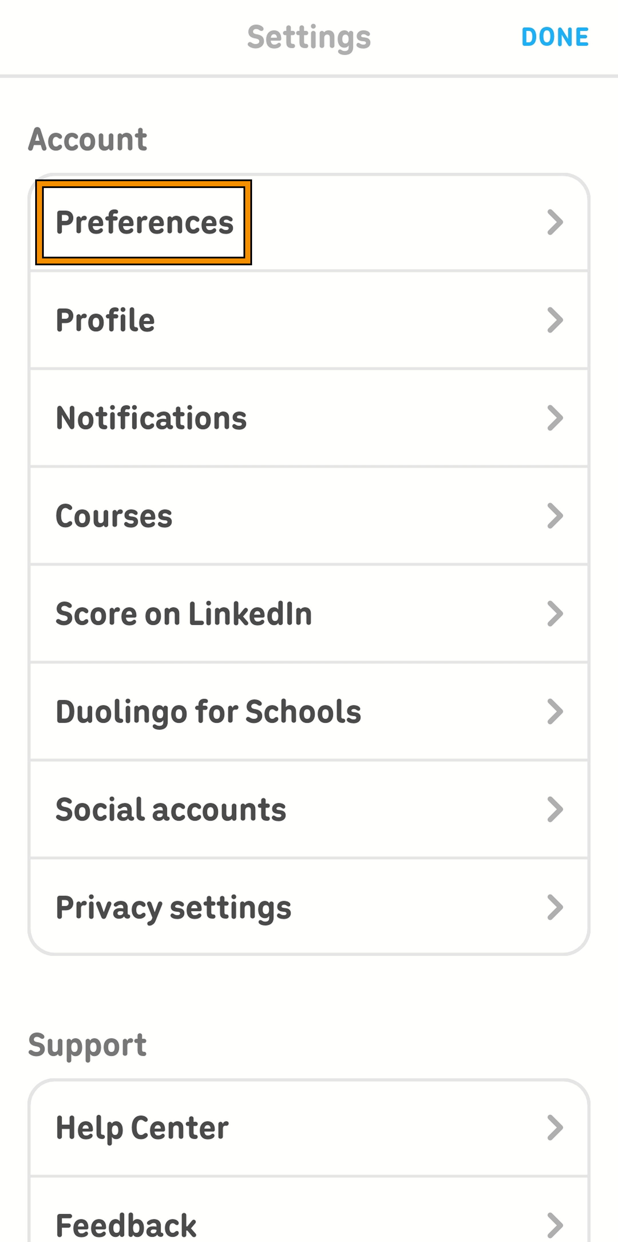 Screenshot of the Duolingo app settings with highlighting showing how to navigate to preferences