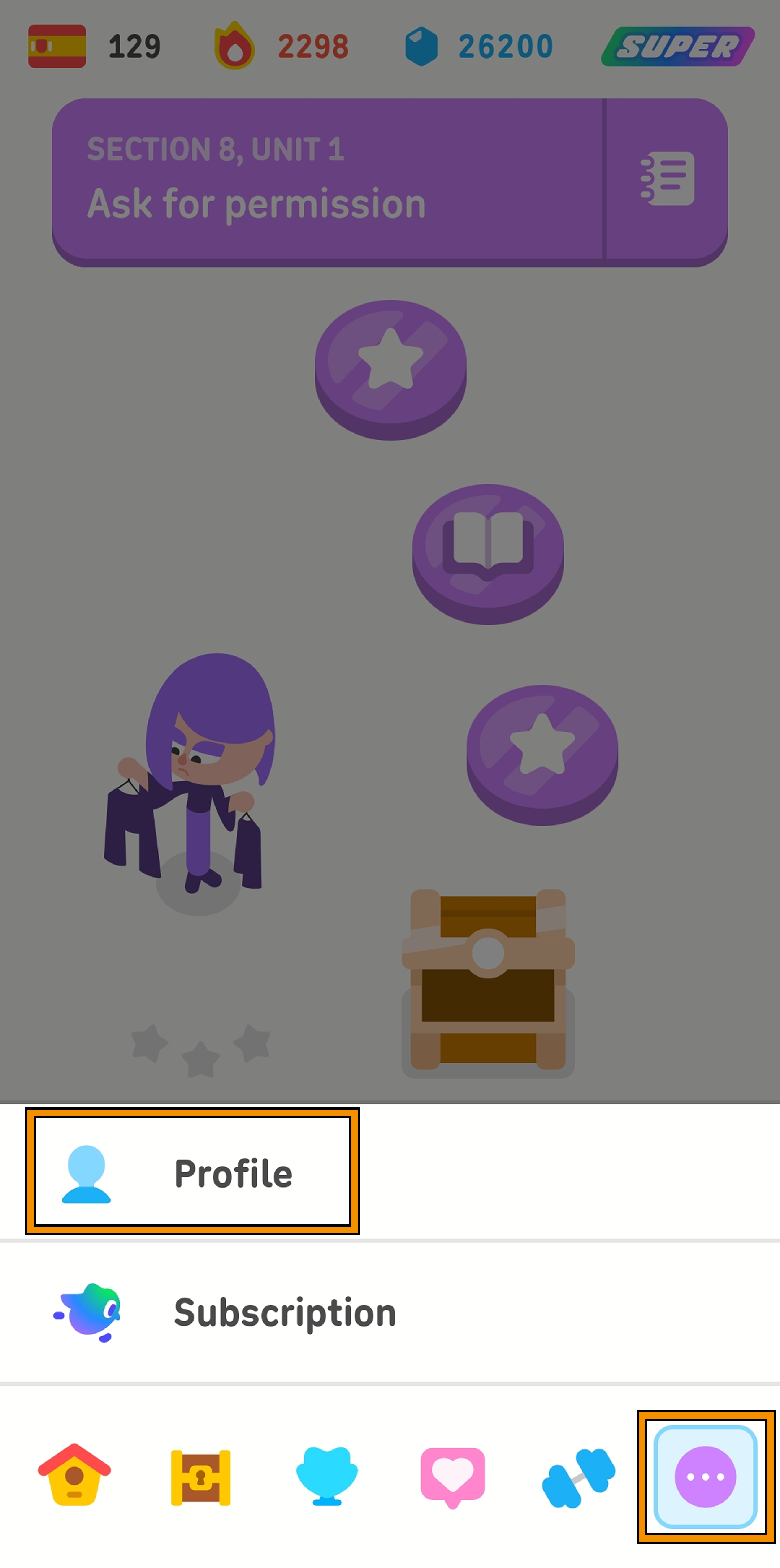 Screenshot of the Duolingo app with highlighting showing how to navigate to one’s profile