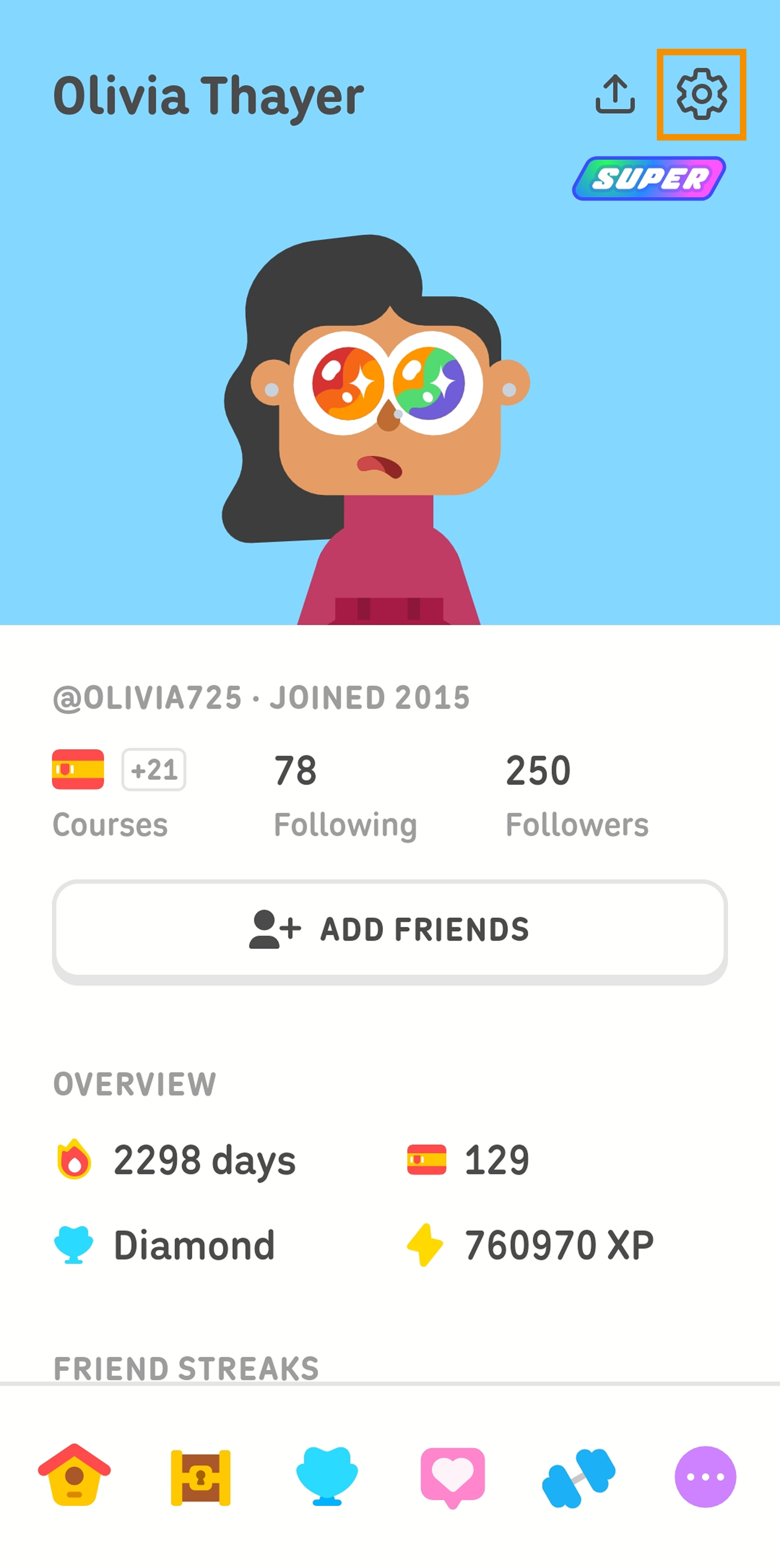 Screenshot of the Duolingo app with highlighting showing how to navigate to the settings