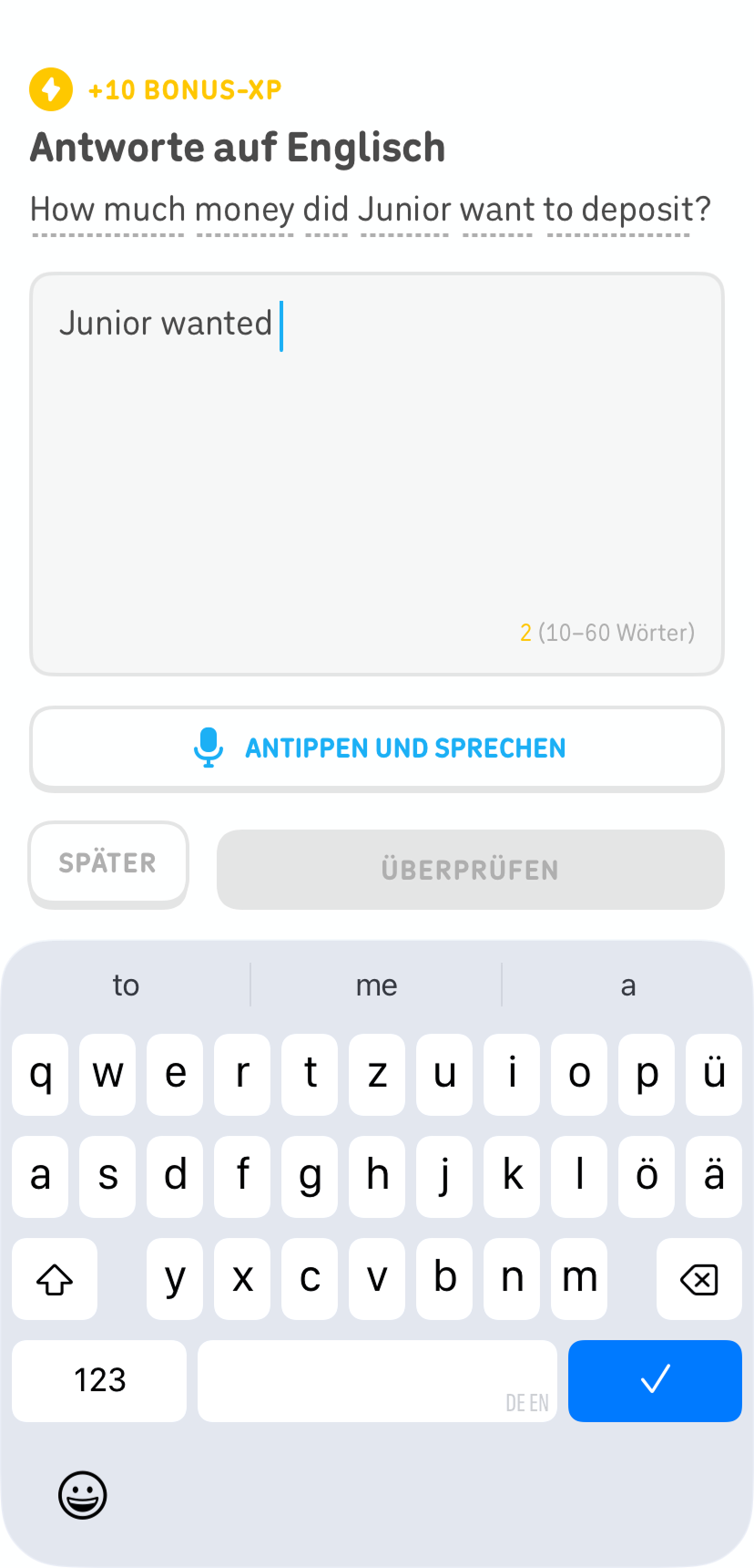 Screenshot eines Ausschnitts einer Story im Englischkurs. Oben steht: „Antworte auf Englisch“, gefolgt von einer englischen Frage und einem Feld, in das man die Antwort eintippen soll.