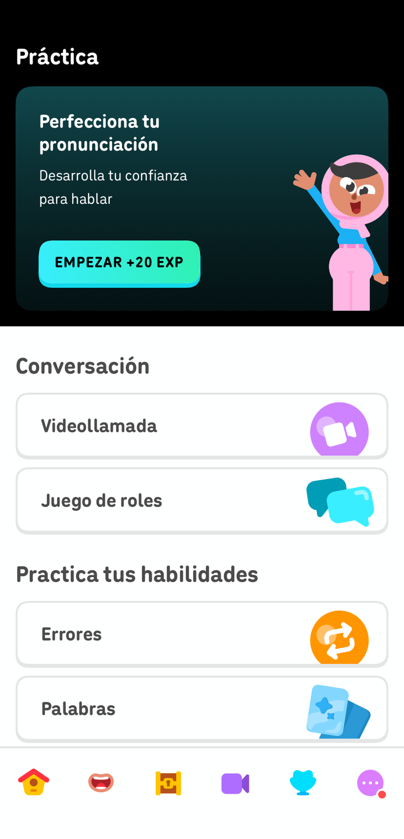 Captura de pantalla de la pestaña de Práctica de Duolingo. Se presentan varias opciones, como “Videollamada”, “Errores” y “Palabras”.