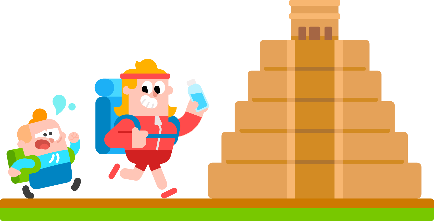 Illustration of Duolingo characters Eddy and Junior running past a pyramid