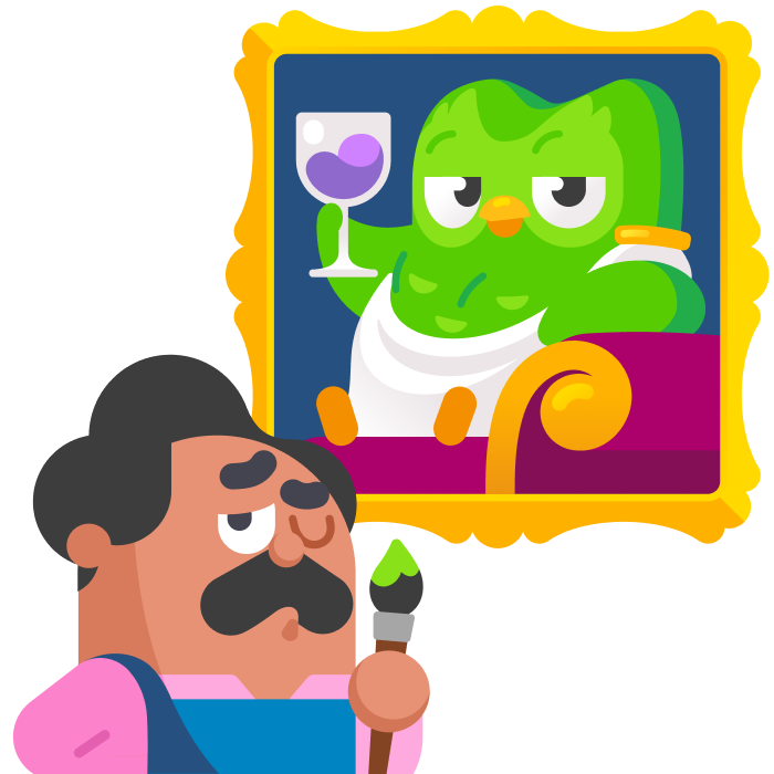 Illustration of Duolingo character Oscar winking and holding a paintbrush in front of a framed painting of Duo the Owl.
