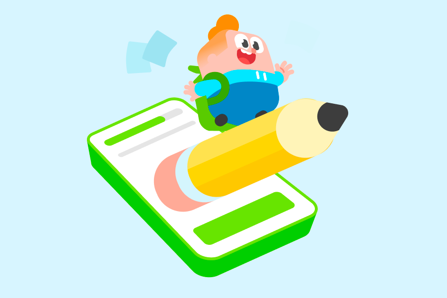 Junior est debout sur un crayon géant qui décolle comme une fusée depuis l'écran d'un téléphone.