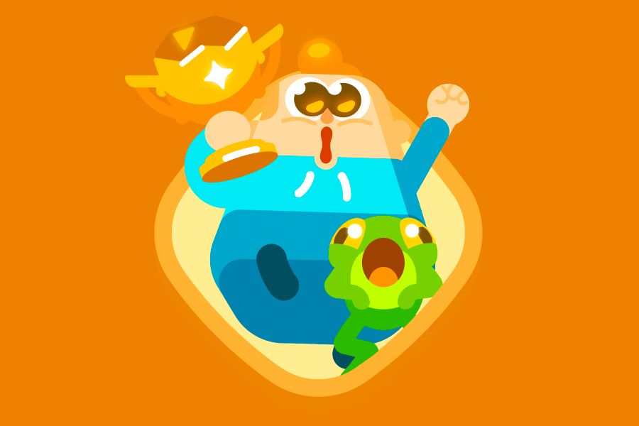 Illustration of Duolingo character Junior and his pet frog jumping in the air and holding a trophy, both looking triumphant.