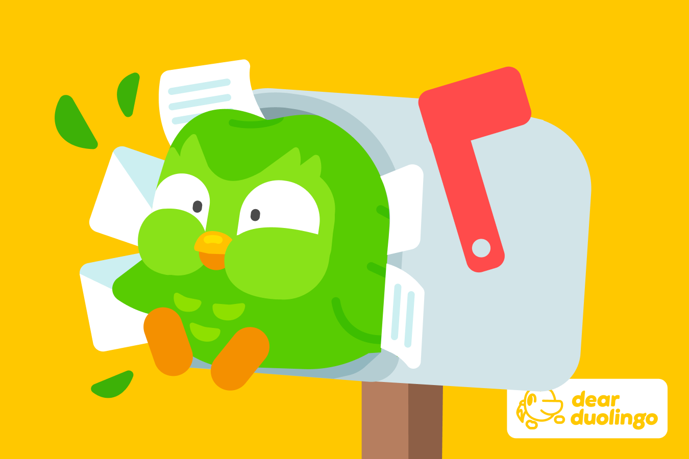 Illustration of Duo bursting from a mailbox filled with letters with the “Dear Duolingo” logo in the corner