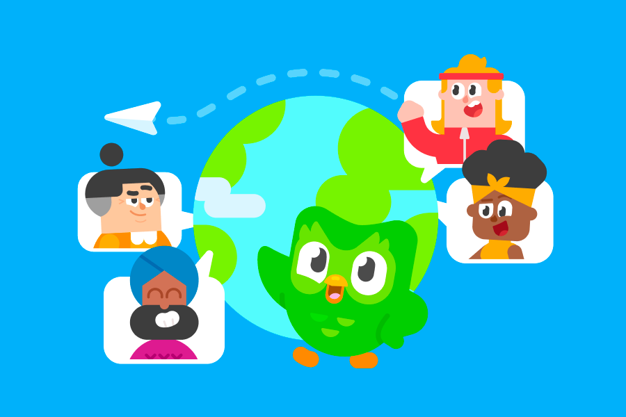 Le globe terrestre avec Duo et quatre  personnages dans des bulles de dialogue aux quatre coins du monde.