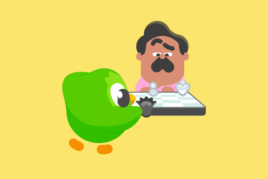 Illustration of Duo the owl playing chess against Duolingo character Oscar, who looks suspicious.