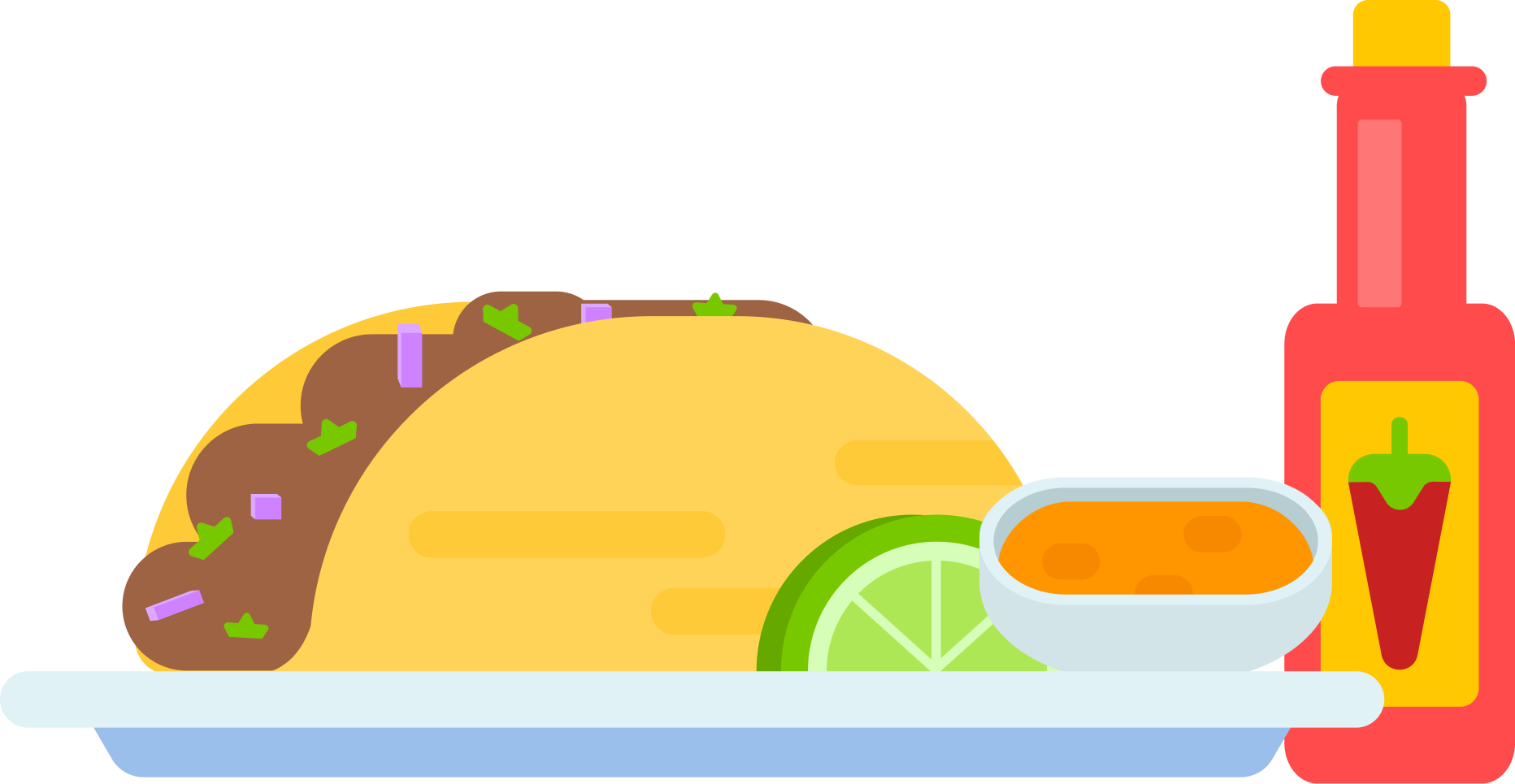 Illustration of a taco, a bowl of salsa, and a lime wedge on a plate next to a bottle of hot sauce