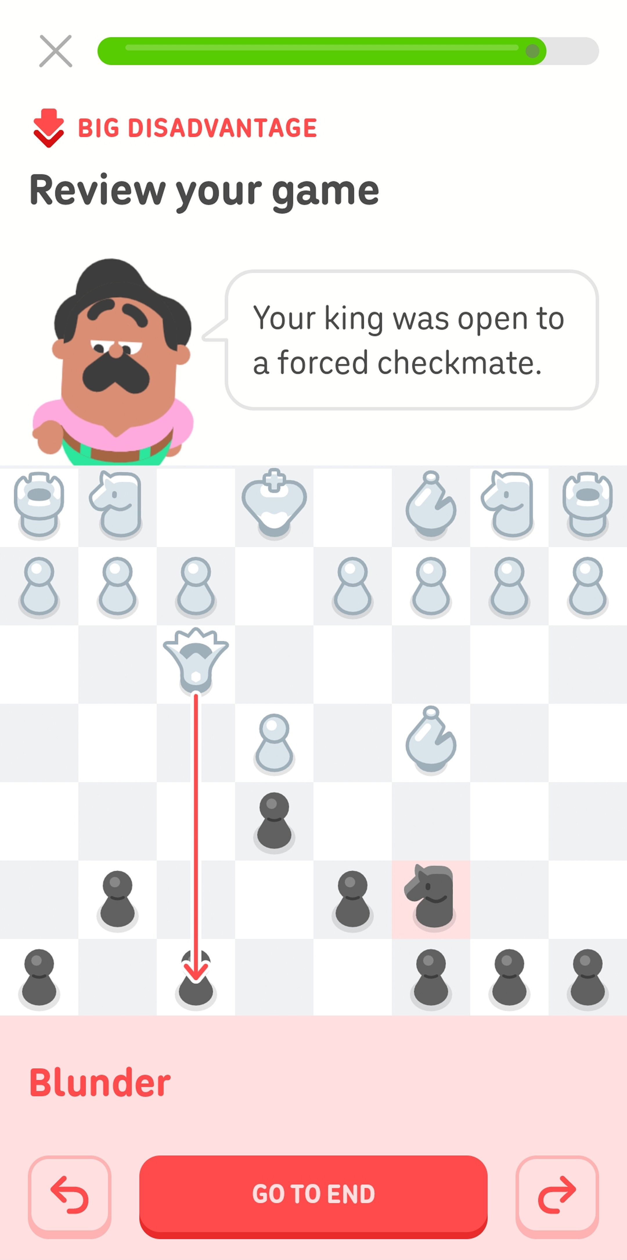 Screenshot of a Chess Game Review. Duolingo character Oscar is sitting above a chess board and saying “Your king was open to a forced checkmate.” The move that led to the checkmate is highlighted in red, and the red text at the bottom of the screen says “Blunder” above a button with the option “GO TO END.”