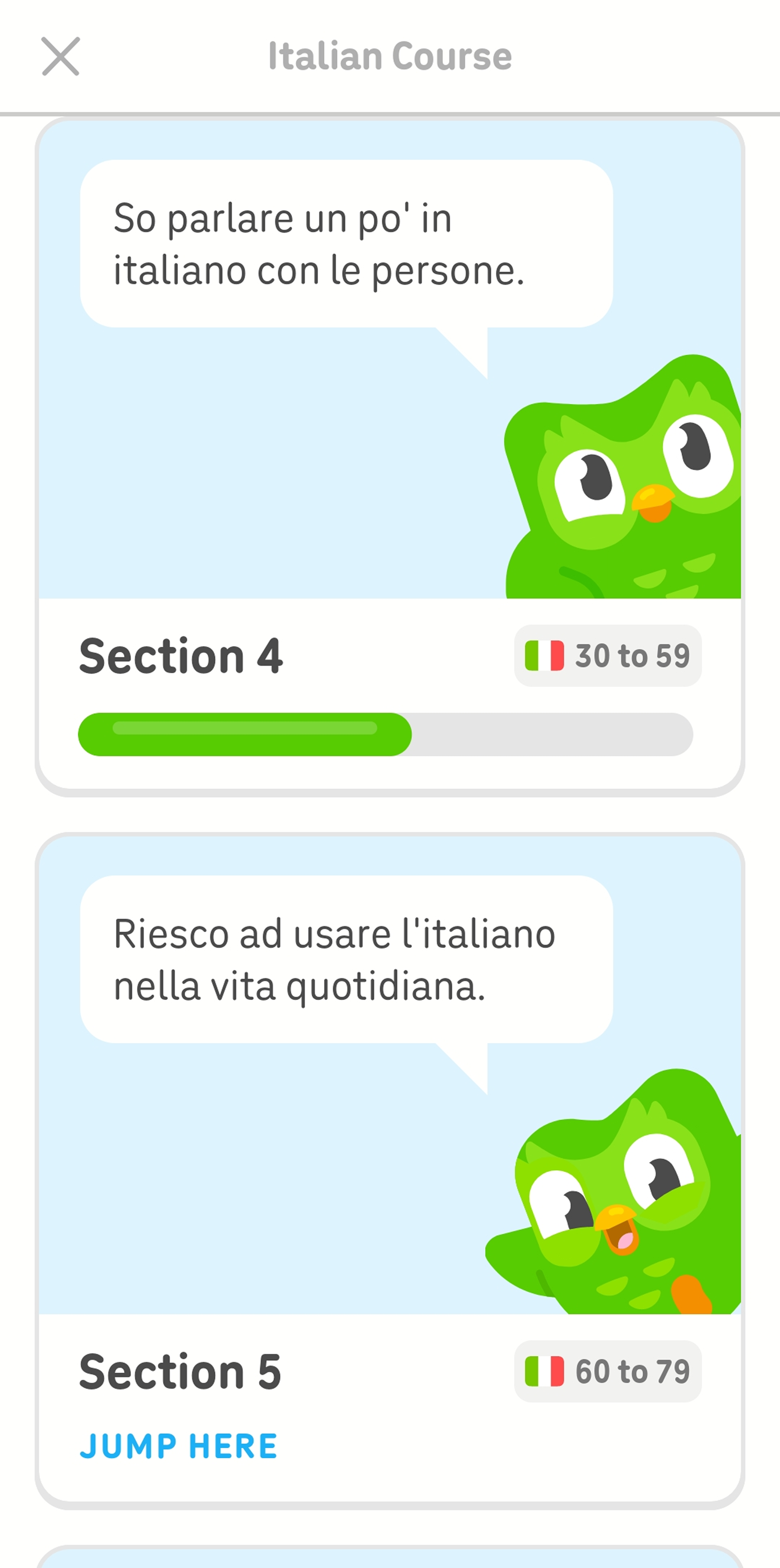 Screenshot of the Italian course section menu showing how much of the current section is completed and the upcoming sections