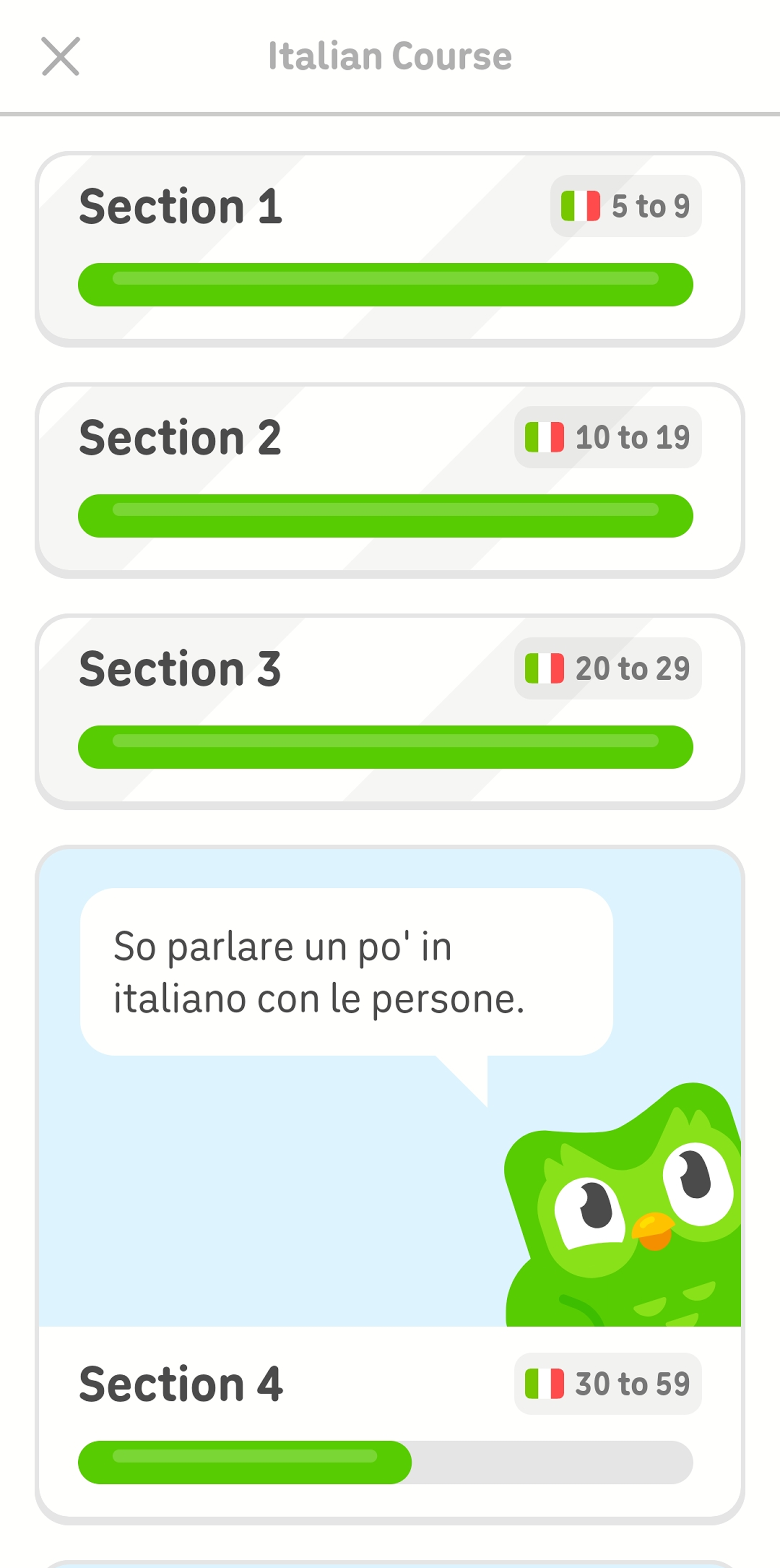 Screenshot of the Italian course section menu showing Sections 1-3 completed and Section 4 partly completed