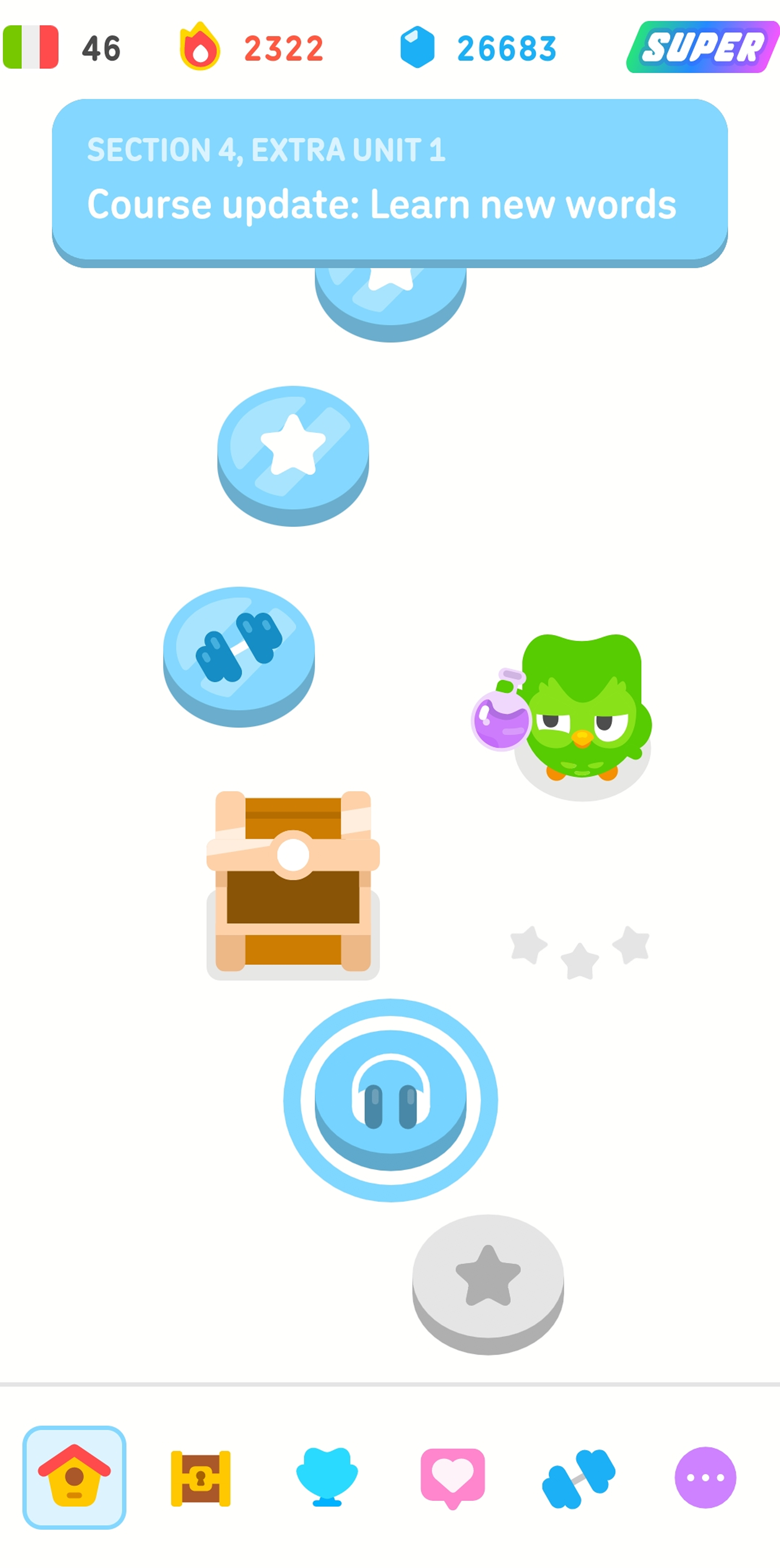 Screenshot of the Duolingo learning path showing individual upcoming levels of the Italian course
